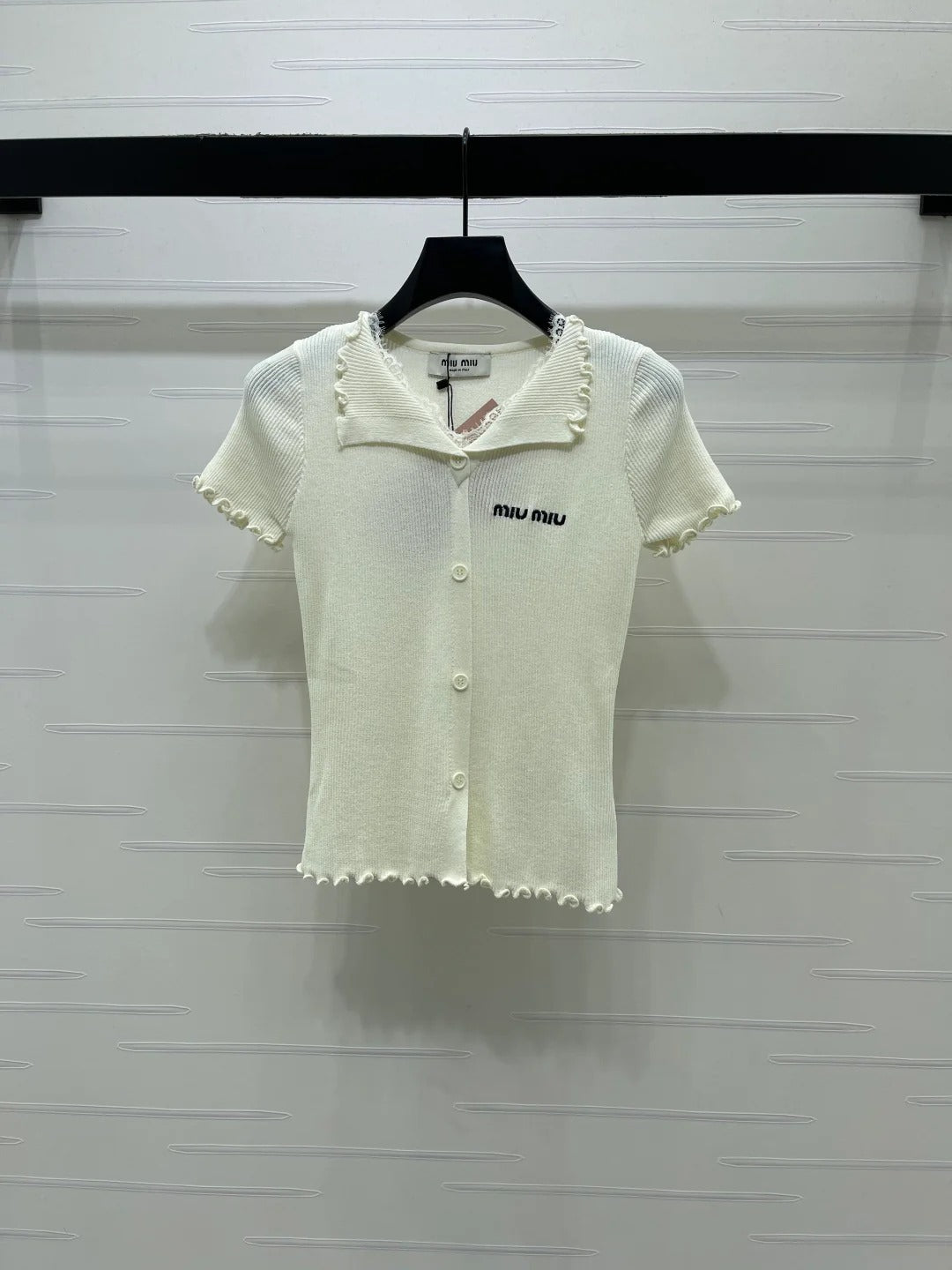 Miumiu 2026 Lace Collar T-shirt Cream and Purple Wool