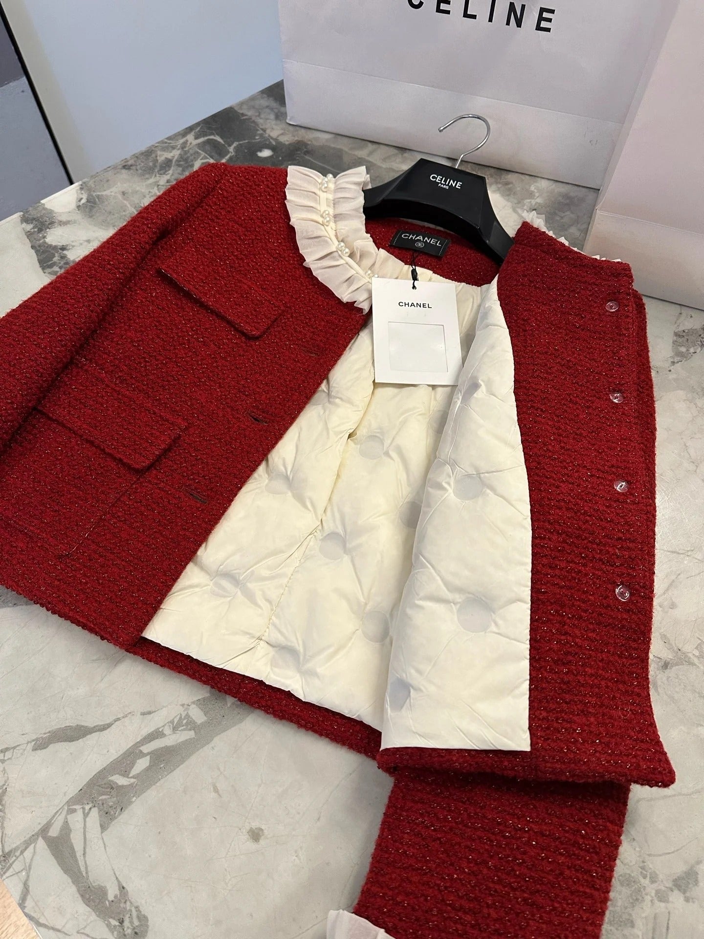 Chanel 2026 Ruffle Collar Jacket Red White Wool Tweed