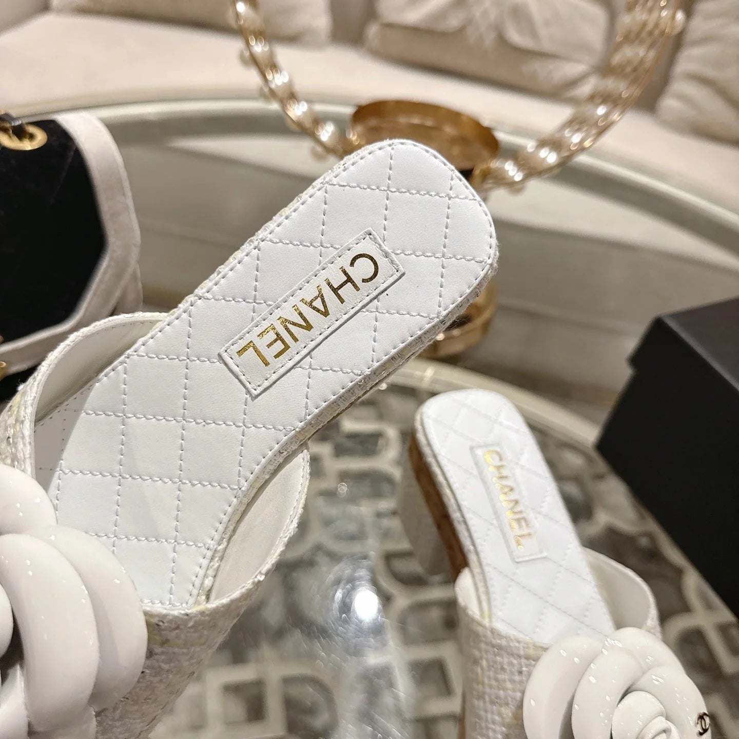 CC 26s Camellia Platform Slippers 65 White Tweed Leather 627054