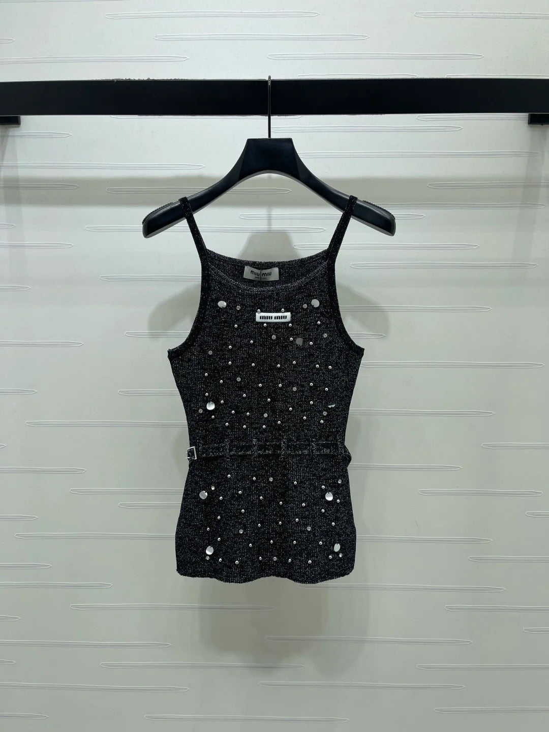 Miumiu 2026 Knit Top With Crystal Details And Belted Waist Wool