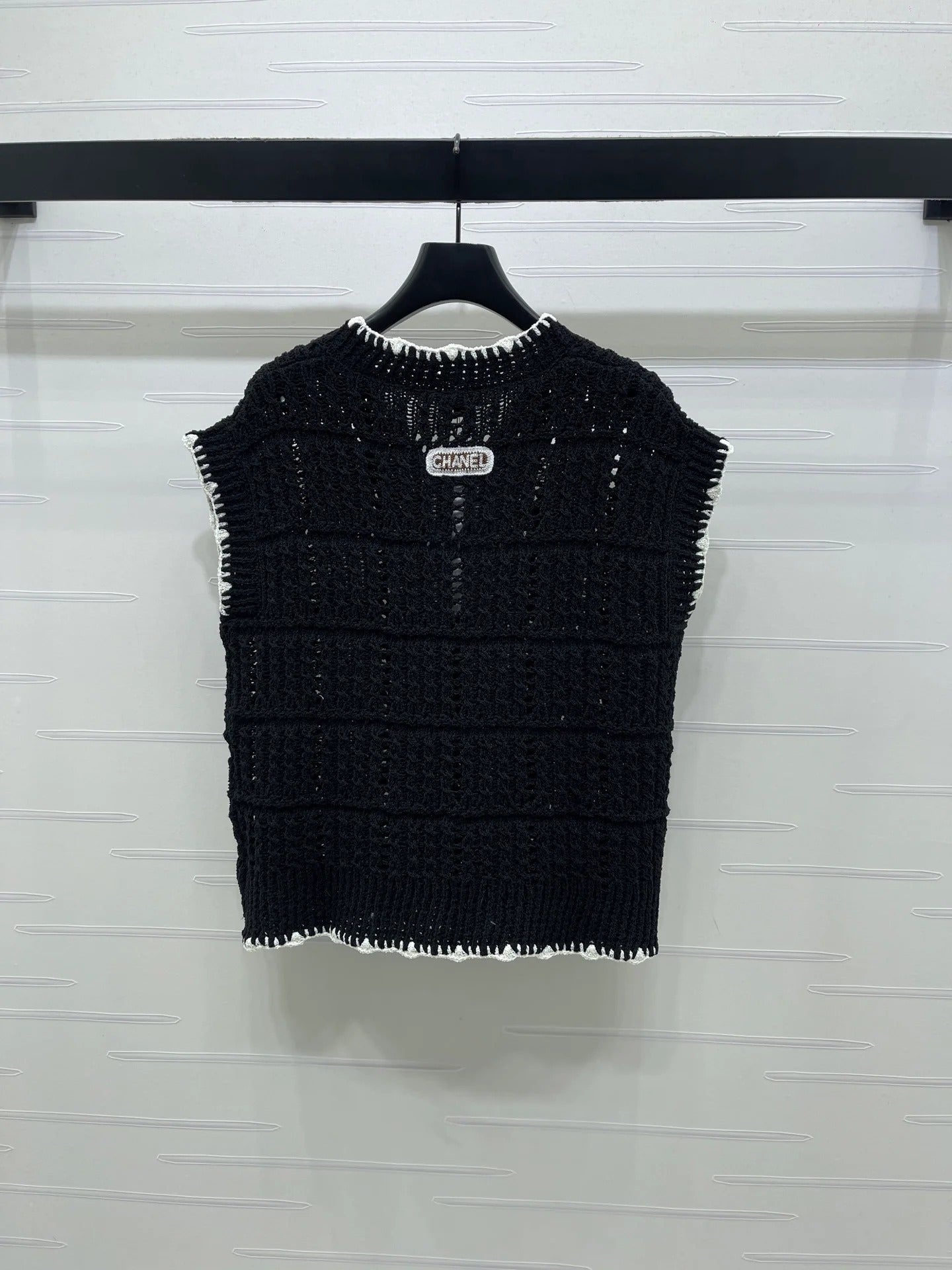 Chanel 2026 V-Neck Knit Vest Black and White Cotton Polyamide