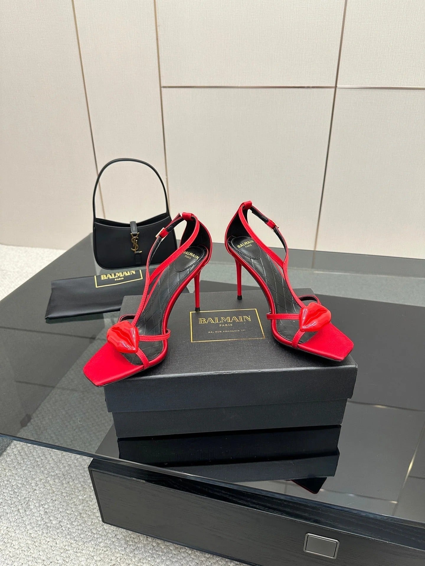 BALMAIN 25S LIPS SANDALS 10 IN CRIMSON RED SATIN