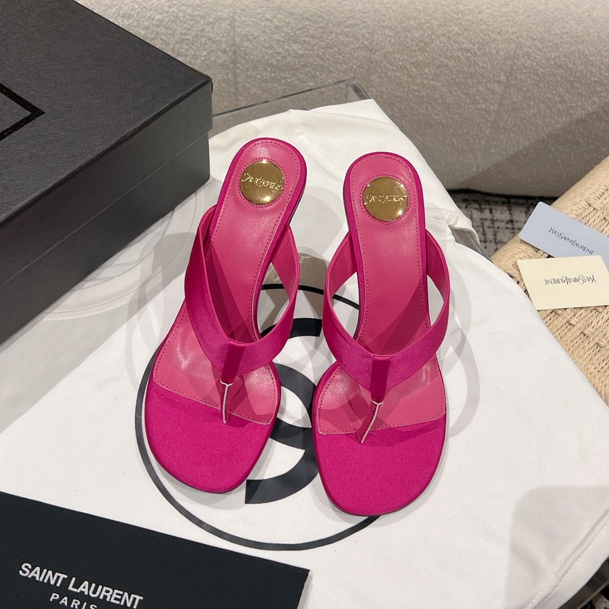 YSL 26S Heeled Thong Sandals 8.5cm Dark Pink Satin