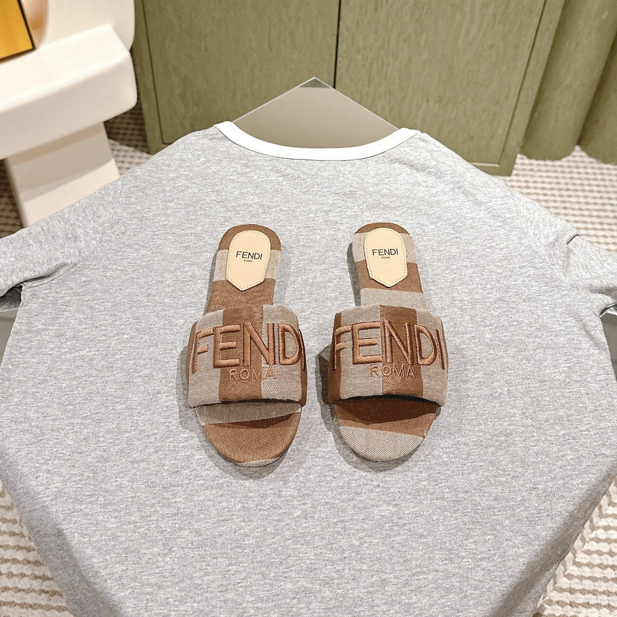 Fendi 26S Slide Sandals Beige And Brown Canvas