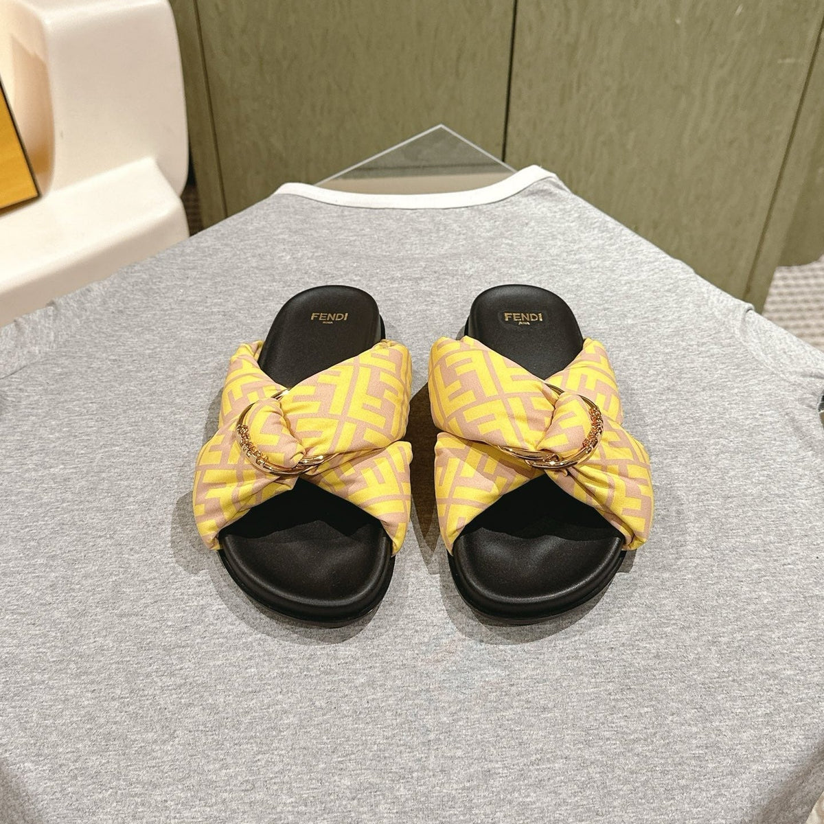 Fendi 26S Wide Cross-Strap Sandals Yellow Fabric