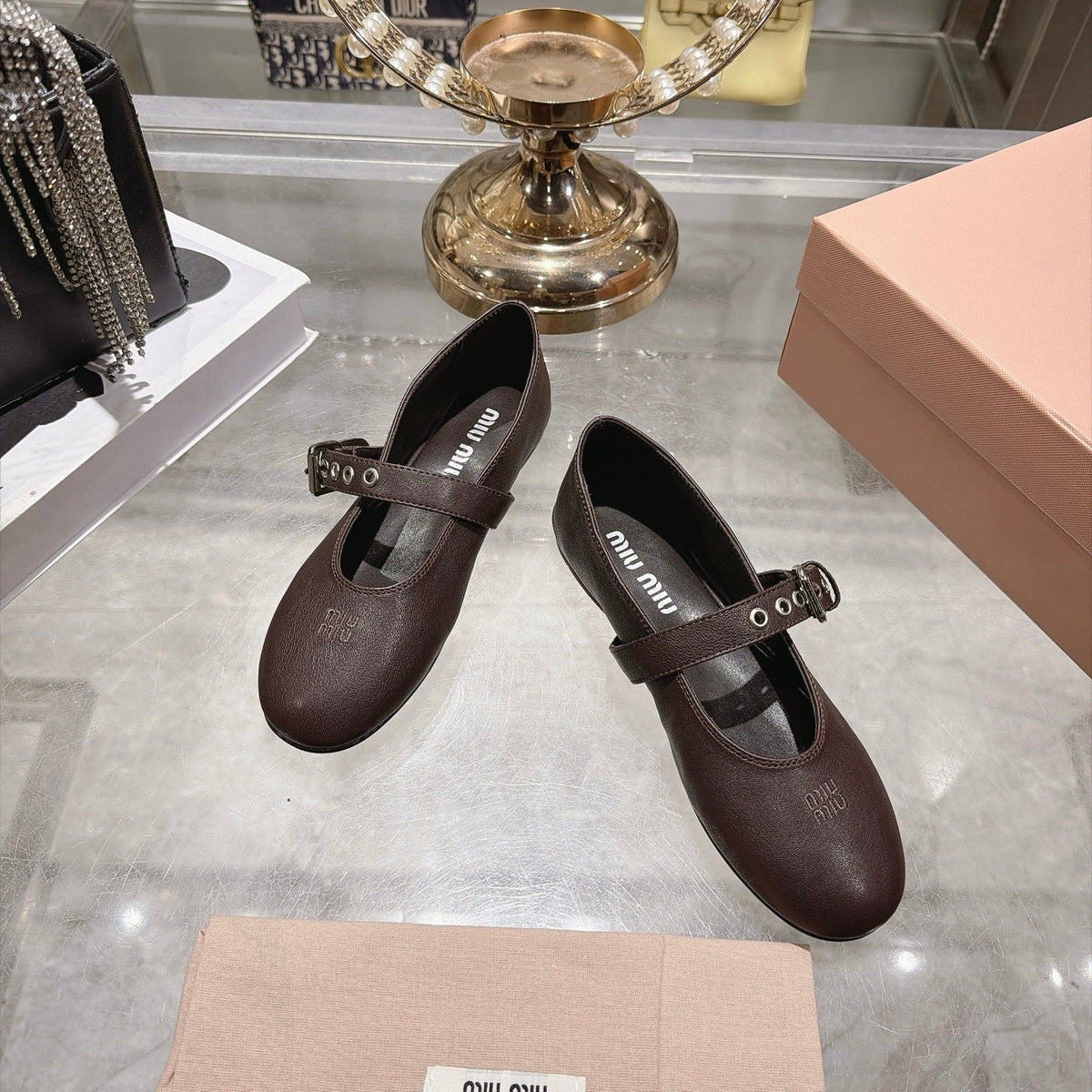 Miumiu 26S Mary Jane Flats Dark Brown Lambskin