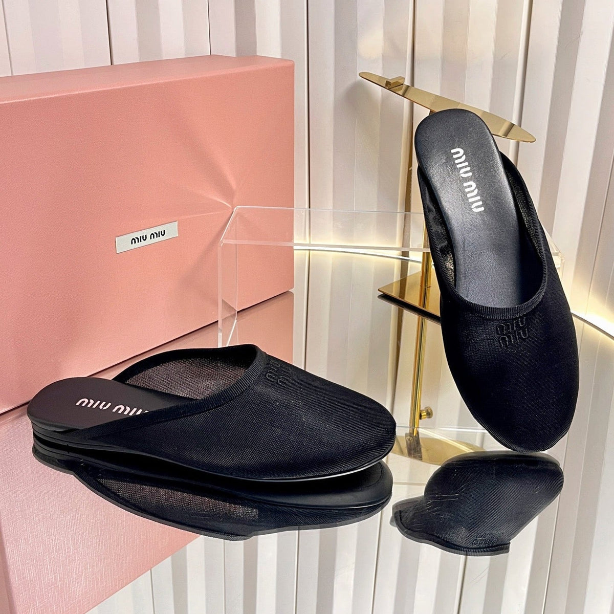 Miumiu 26S Flat Mules Black Fabric And Leather