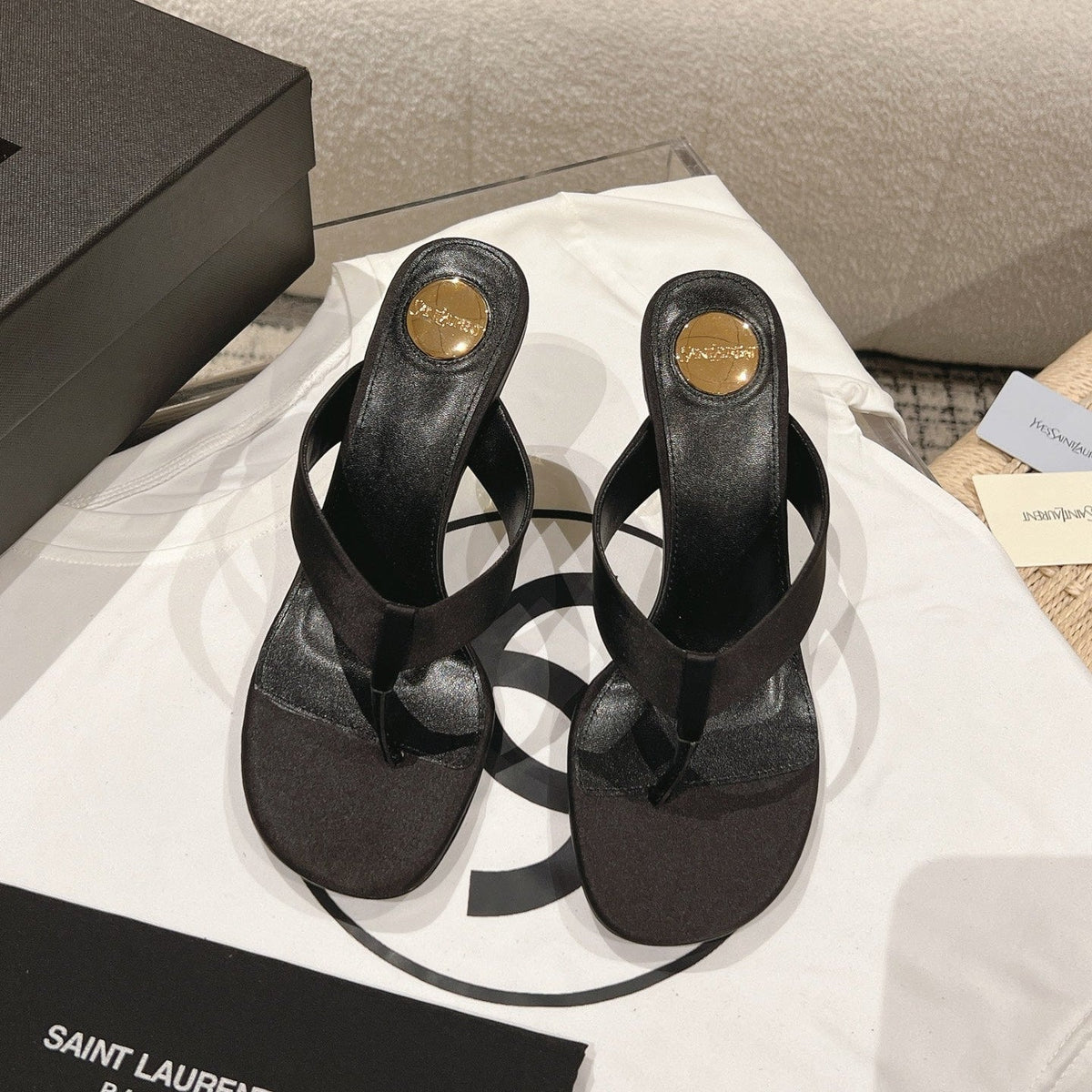 YSL 26S Heeled Thong Sandals 8.5cm Black Satin