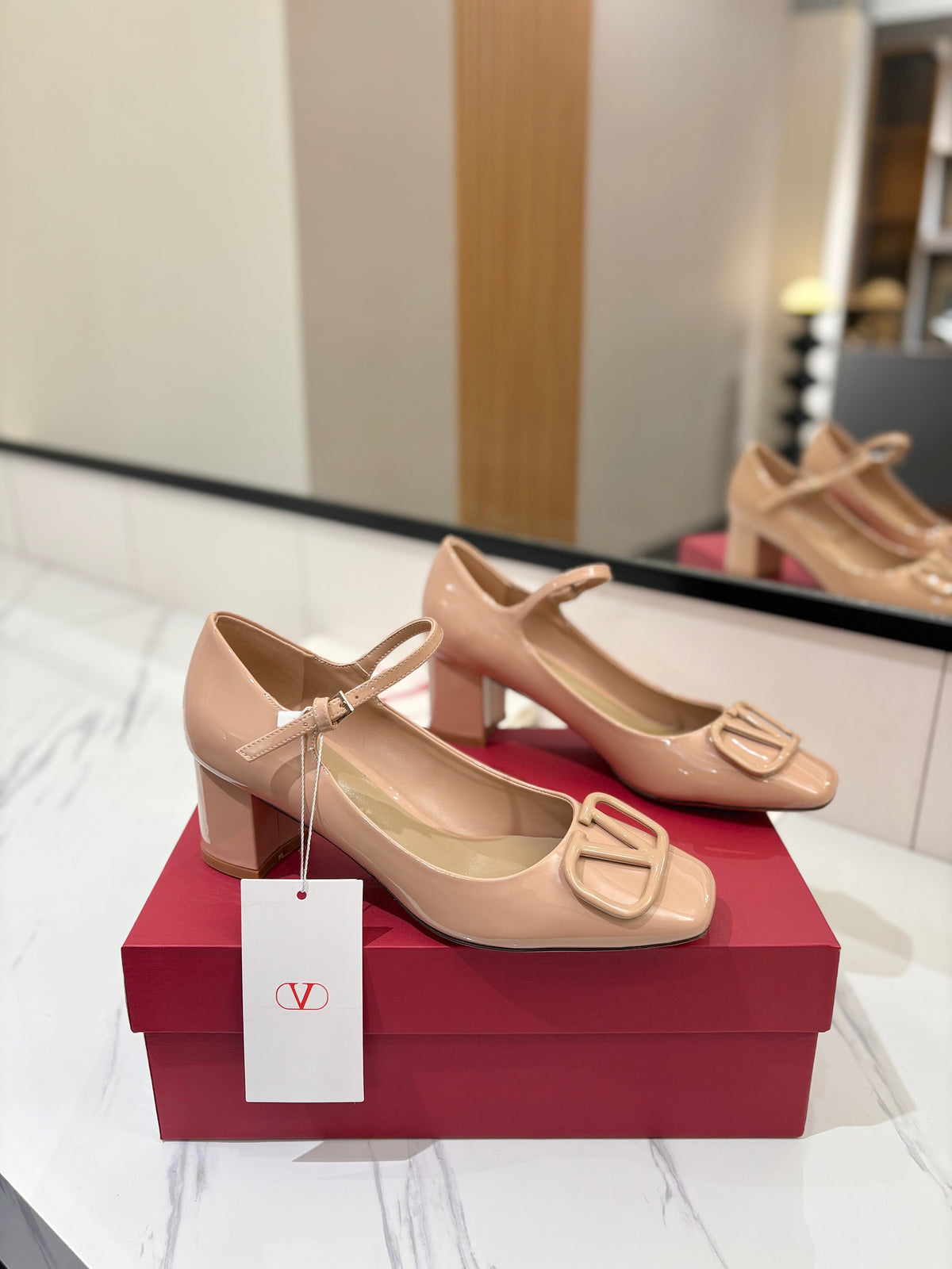 Valentino 26S Mary Jane Heels 6cm In Nude Patent Calfskin