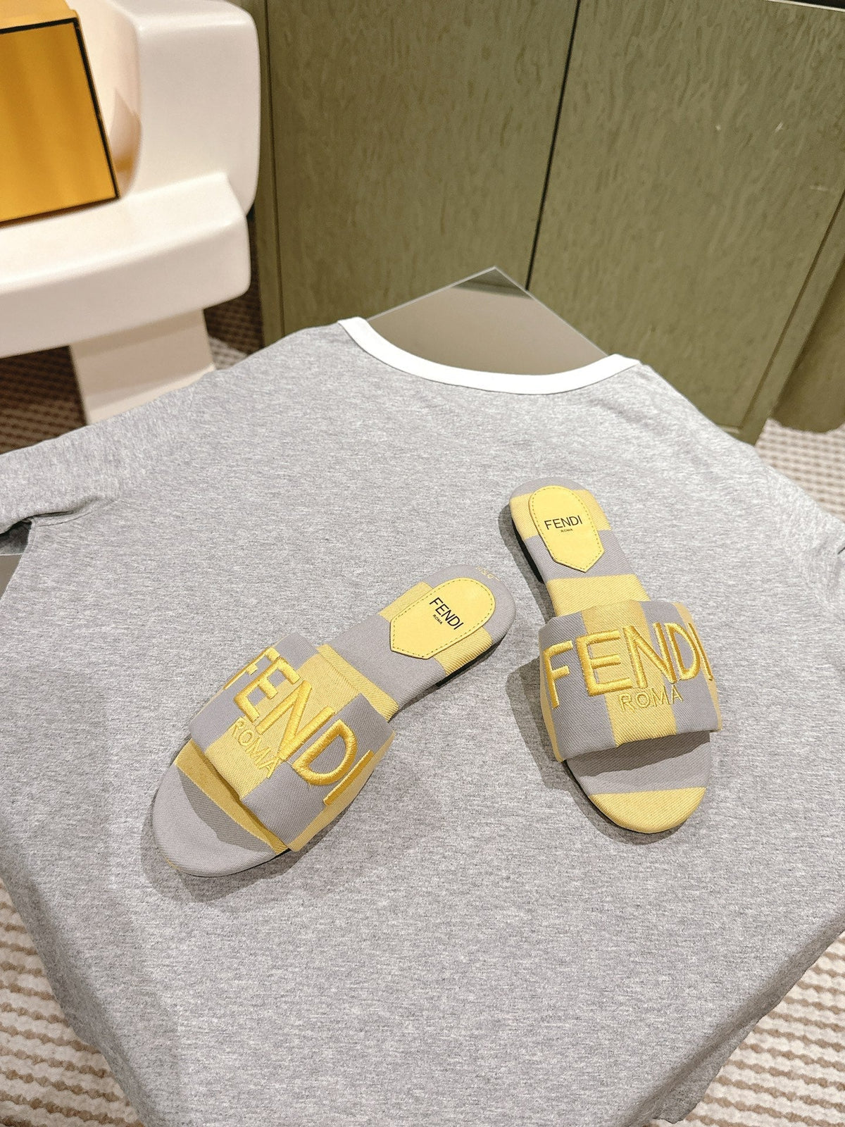 Fendi 26S Slide Sandals Yellow And Grey Canvas