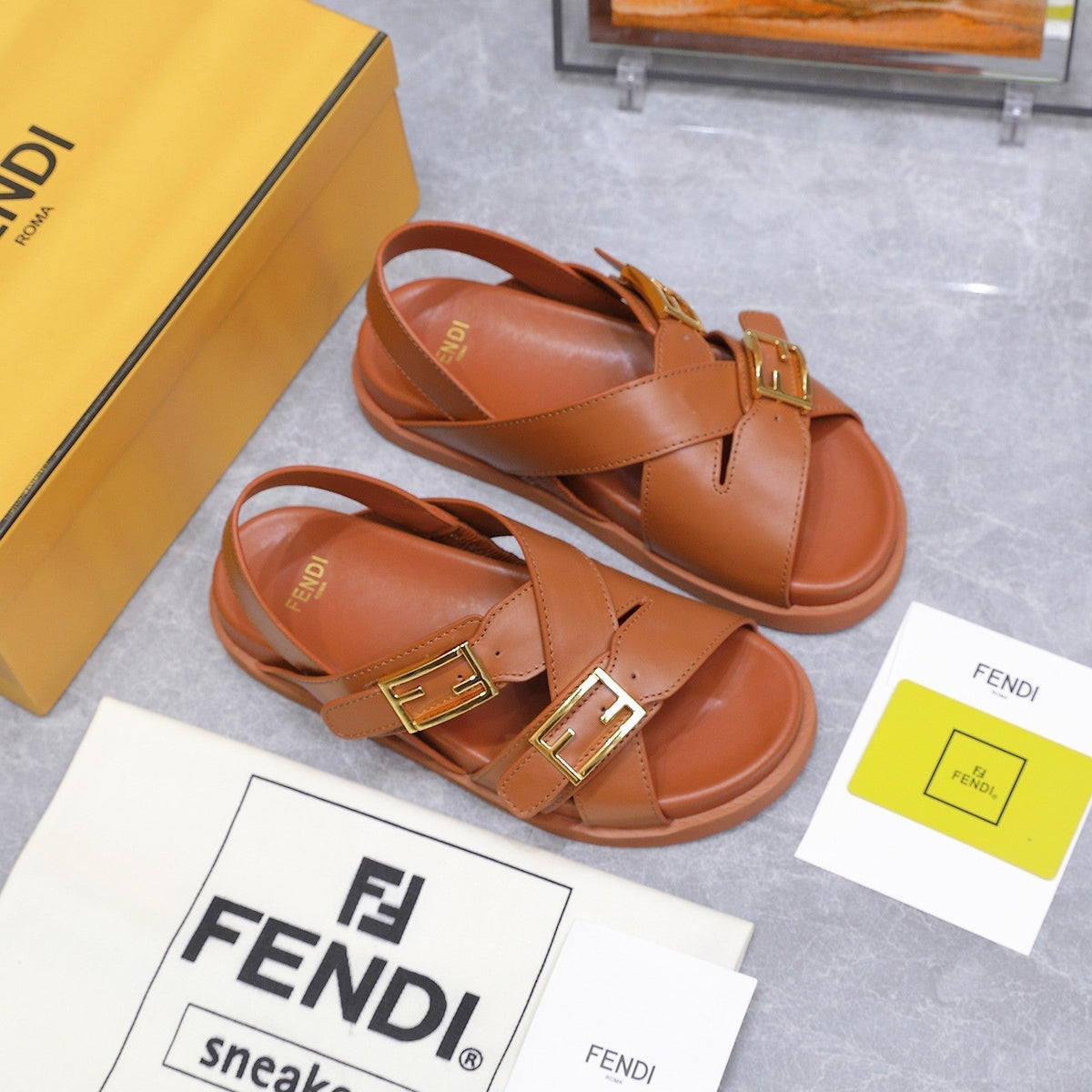 Fendi 26S Flat Sandals Brown Calfskin