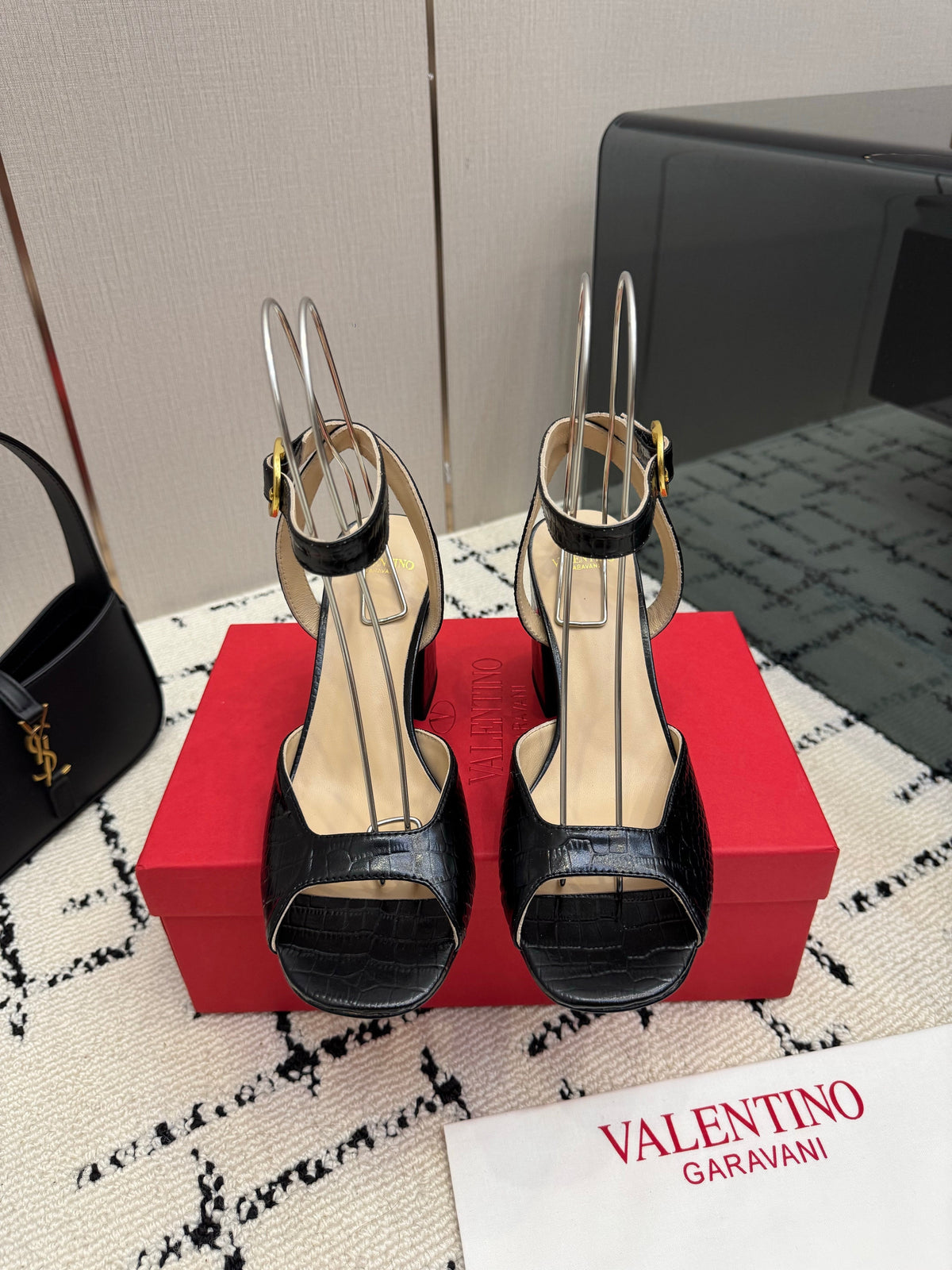 Valentino 26S Square Toe Ankle Strap Sandals In Black Croc-Embossed Leather