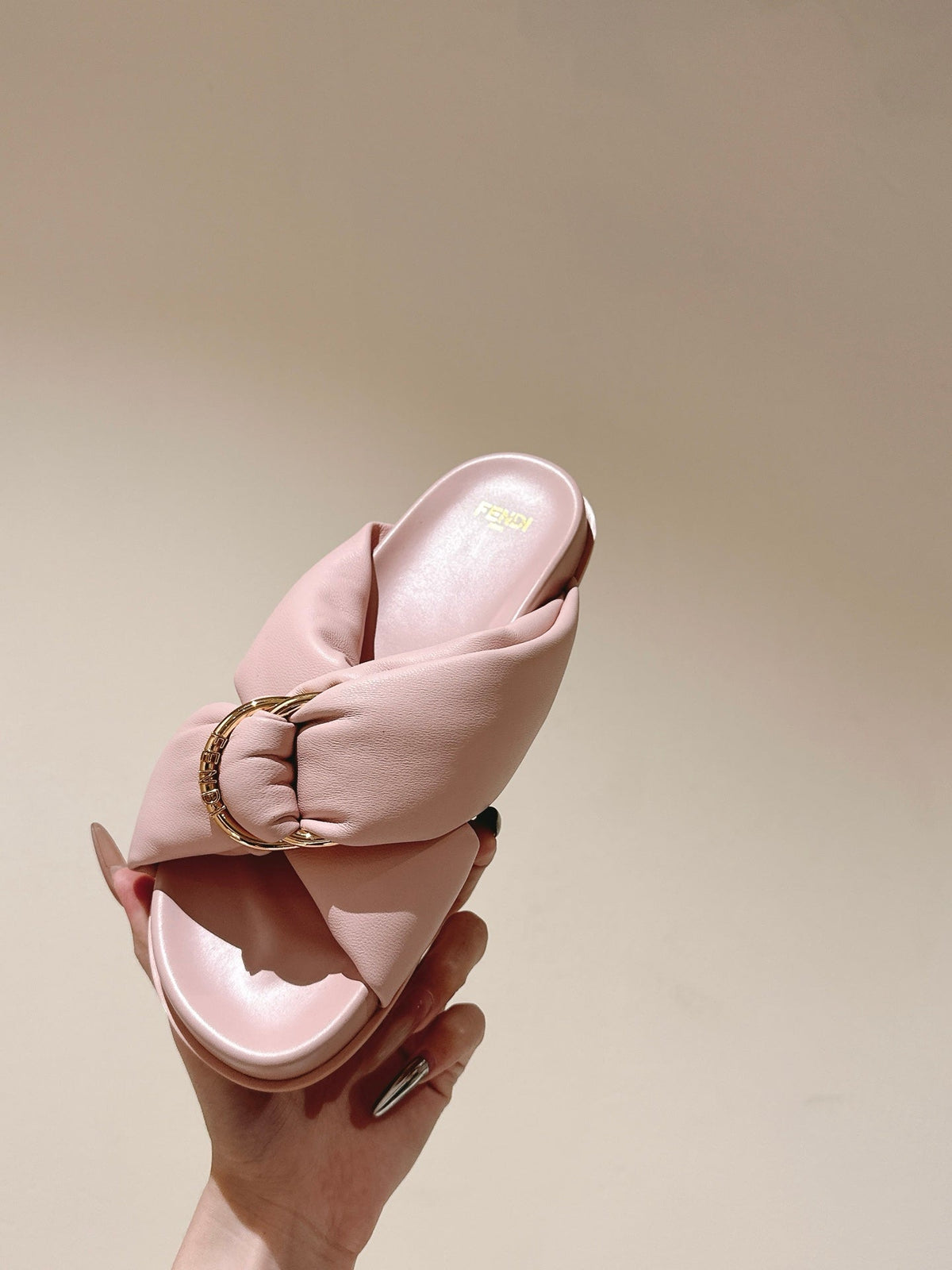 Fendi 26S Wide Cross-Strap Sandals Light Pink Lambskin
