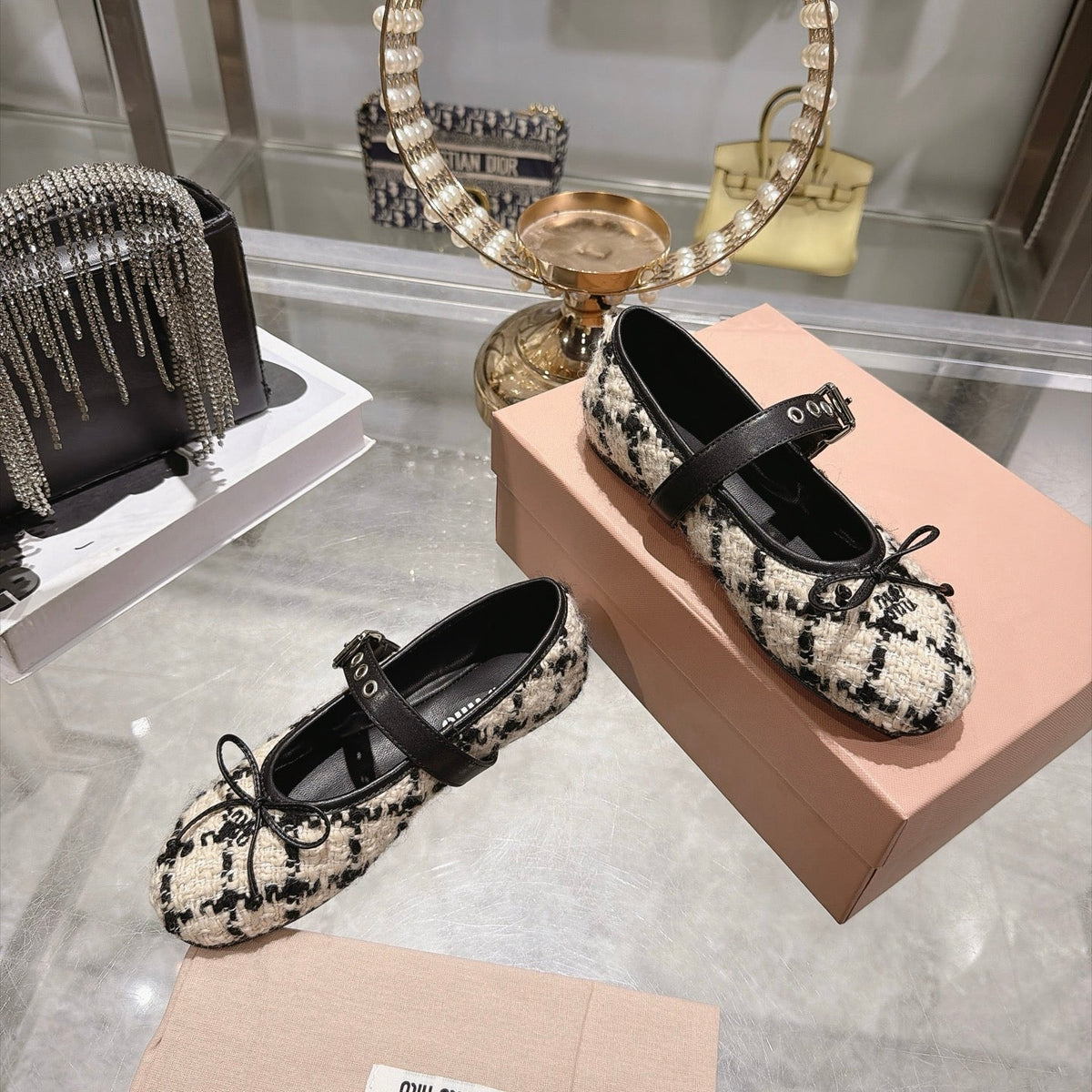 Miumiu 26S Mary Jane Flats Black And Beige Tweed Fabric