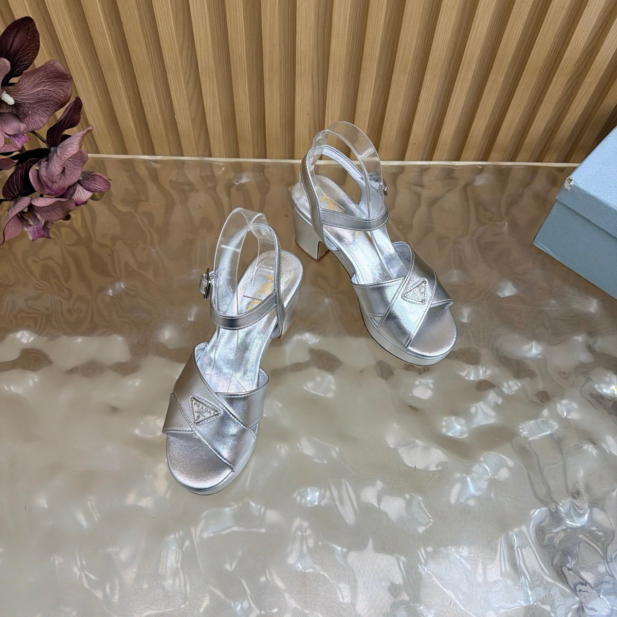 Prada 26S Block Heel Sandals 7.5cm Silver Calfskin