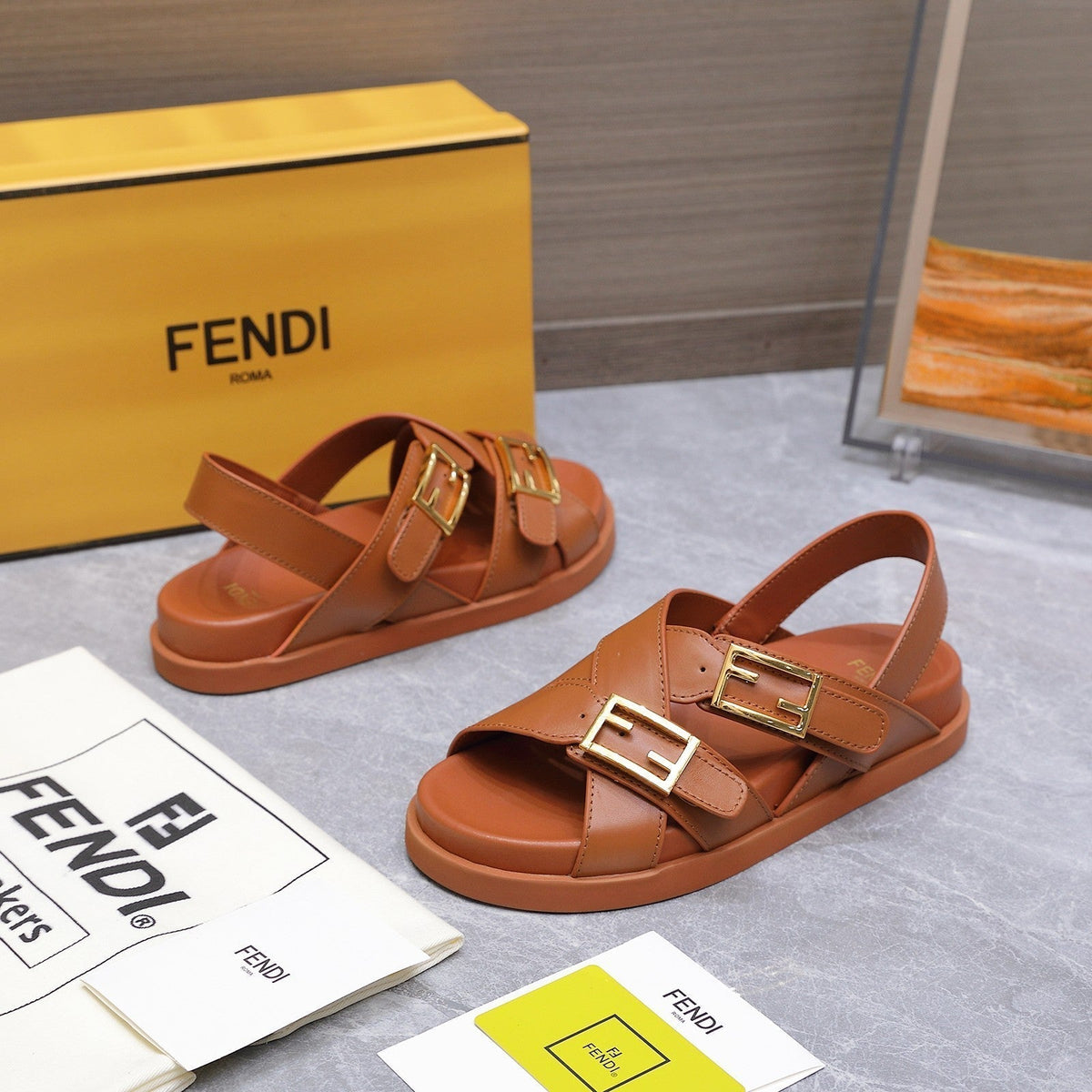 Fendi 26S Flat Sandals Brown Calfskin