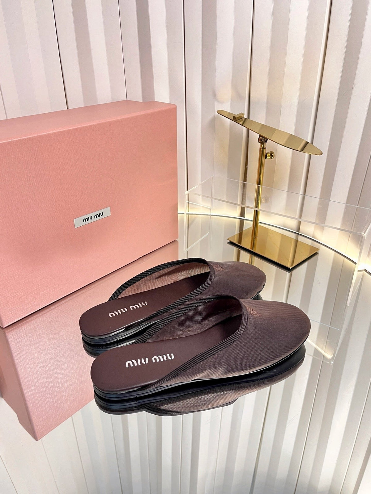 Miumiu 26S Flat Mules Chocolate Brown Fabric And Leather