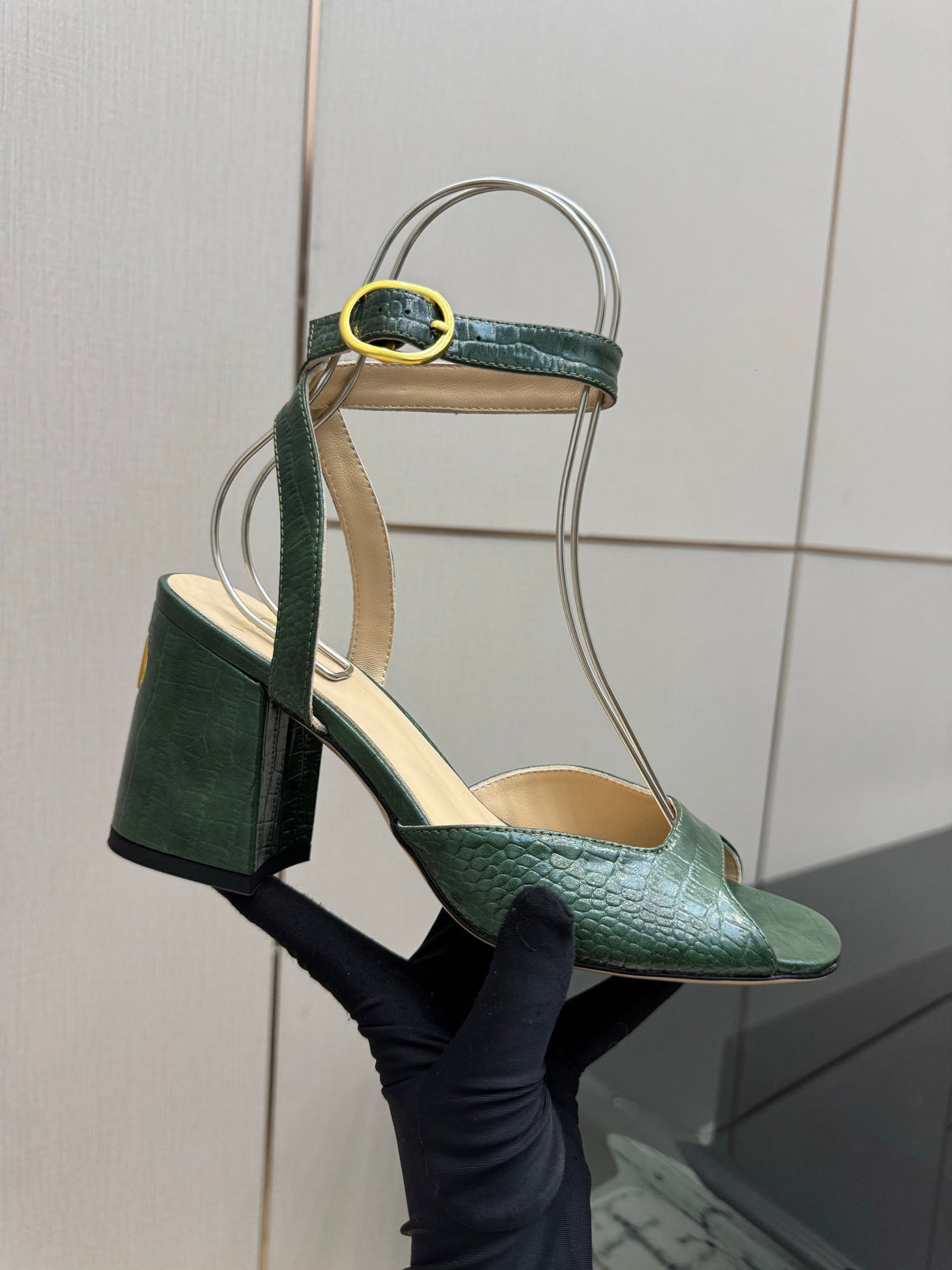 Valentino 26S Square Toe Ankle Strap Sandals In Dark Green Croc-Embossed Leather