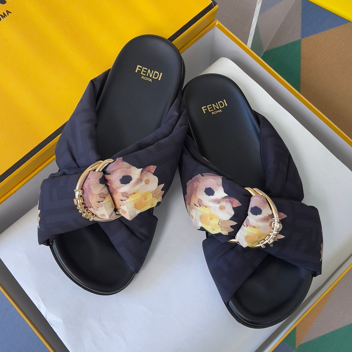 Fendi 26S Patterned Cross-Strap Slide Sandals Black Fabric