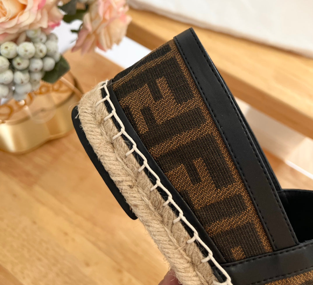 Fendi 26S Espadrille Loafers Dark Brown And Black Canvas Style 1