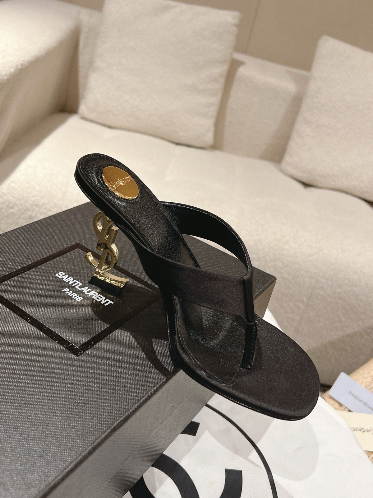 YSL 26S Heeled Thong Sandals 8.5cm Black Satin