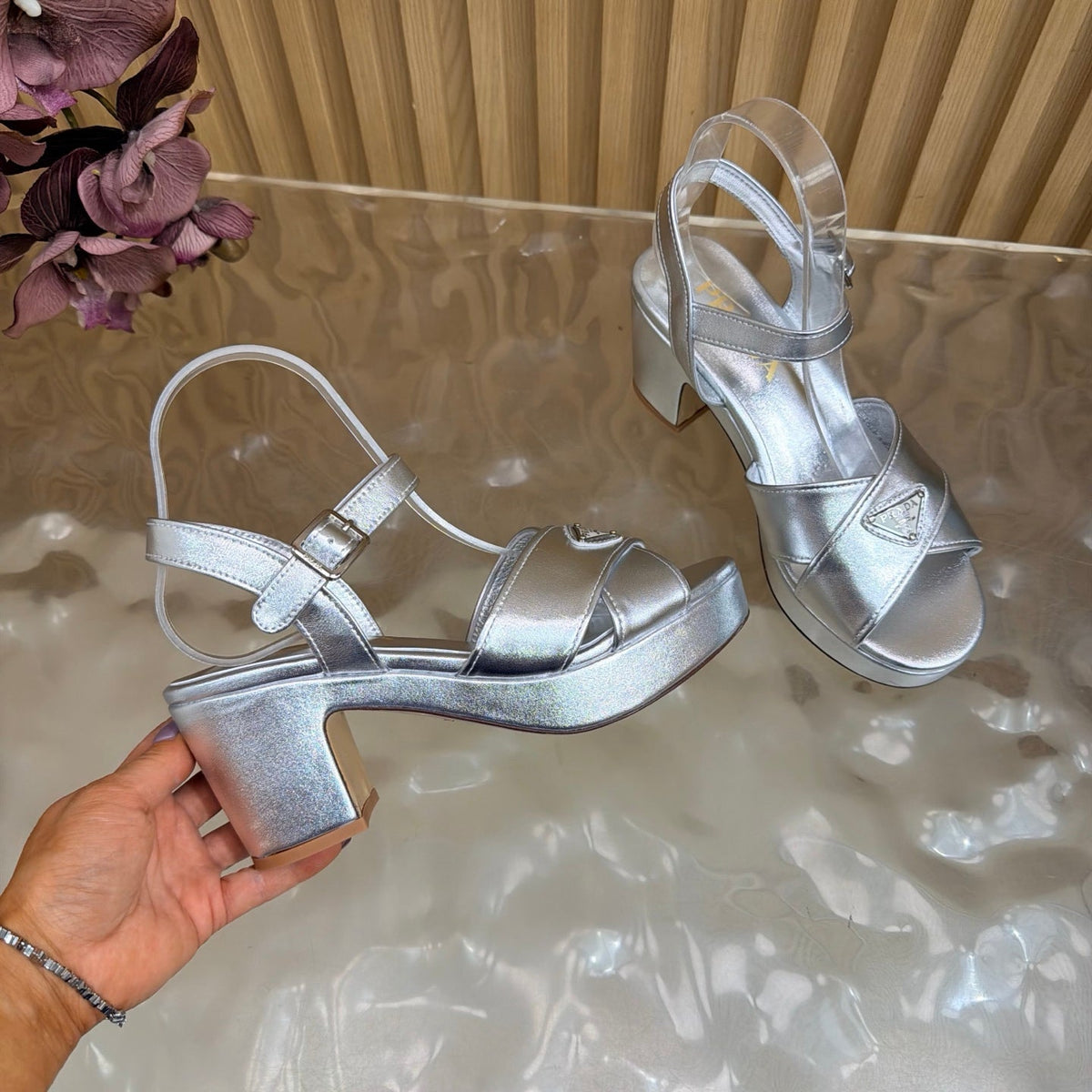 Prada 26S Block Heel Sandals 7.5cm Silver Calfskin