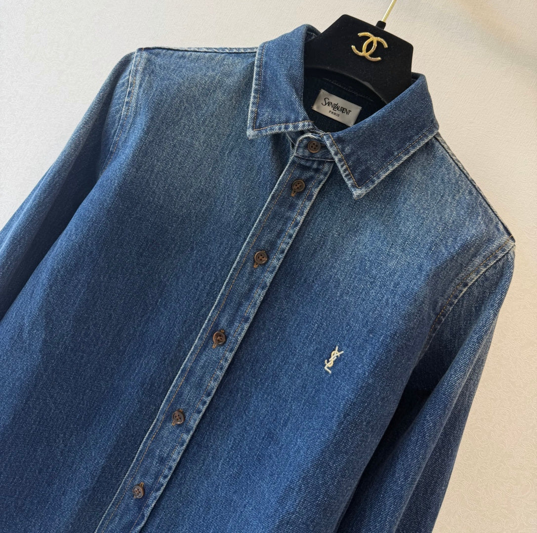 YSL 26FW Cassandre Denim Shirt Blue Denim Cotton 440371