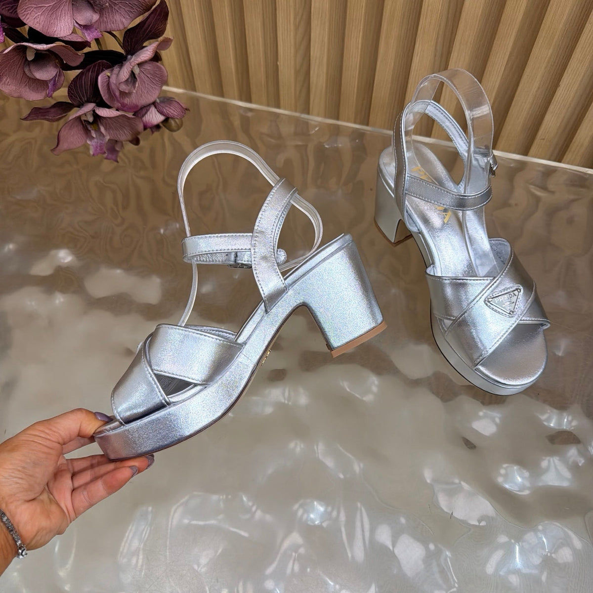 Prada 26S Block Heel Sandals 7.5cm Silver Calfskin