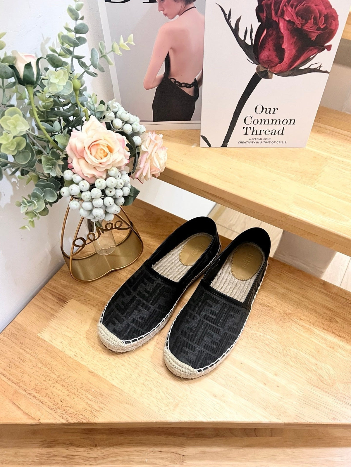 Fendi 26S Espadrille Loafers Black Canvas Style 5