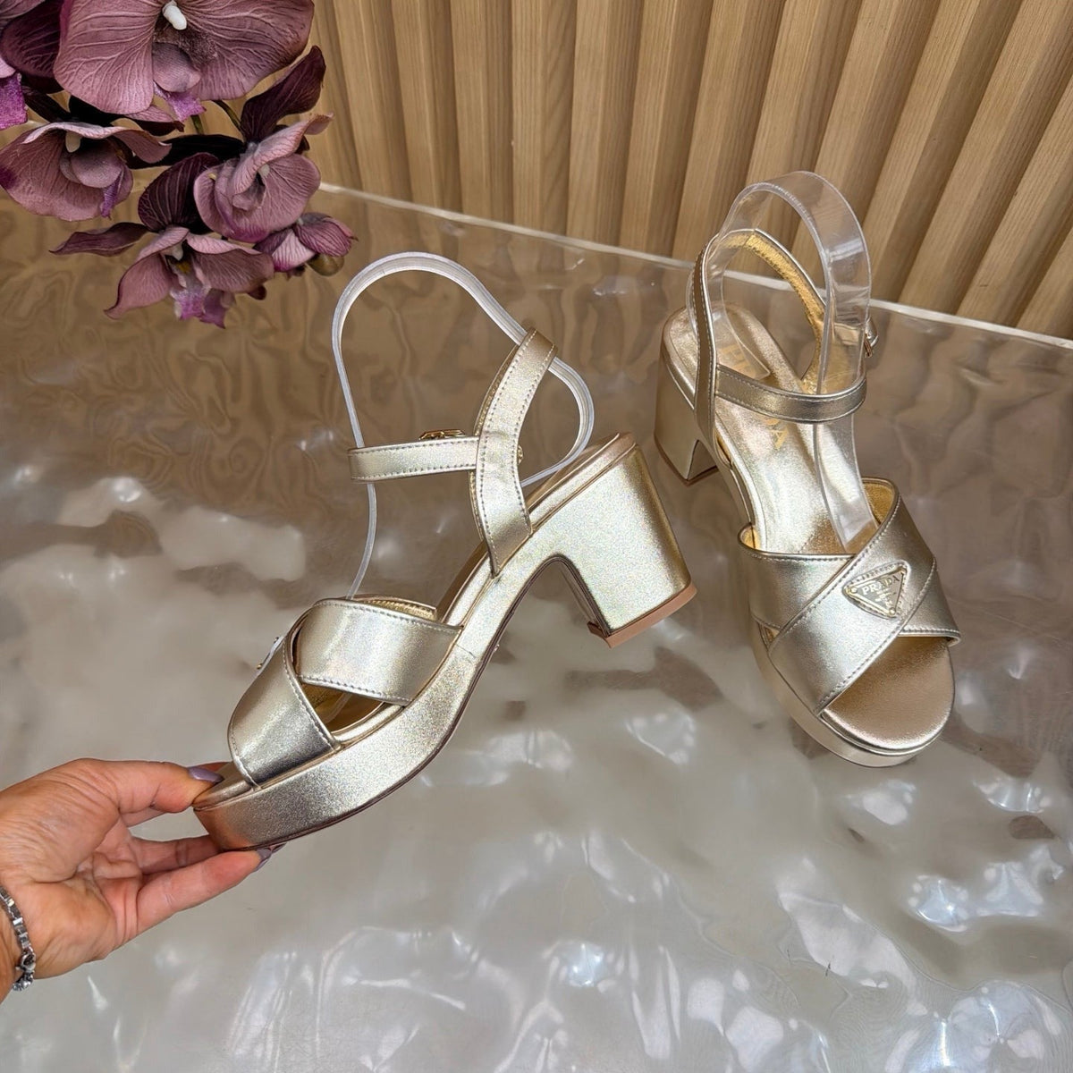 Prada 26S Block Heel Sandals 7.5cm Light Gold Calfskin