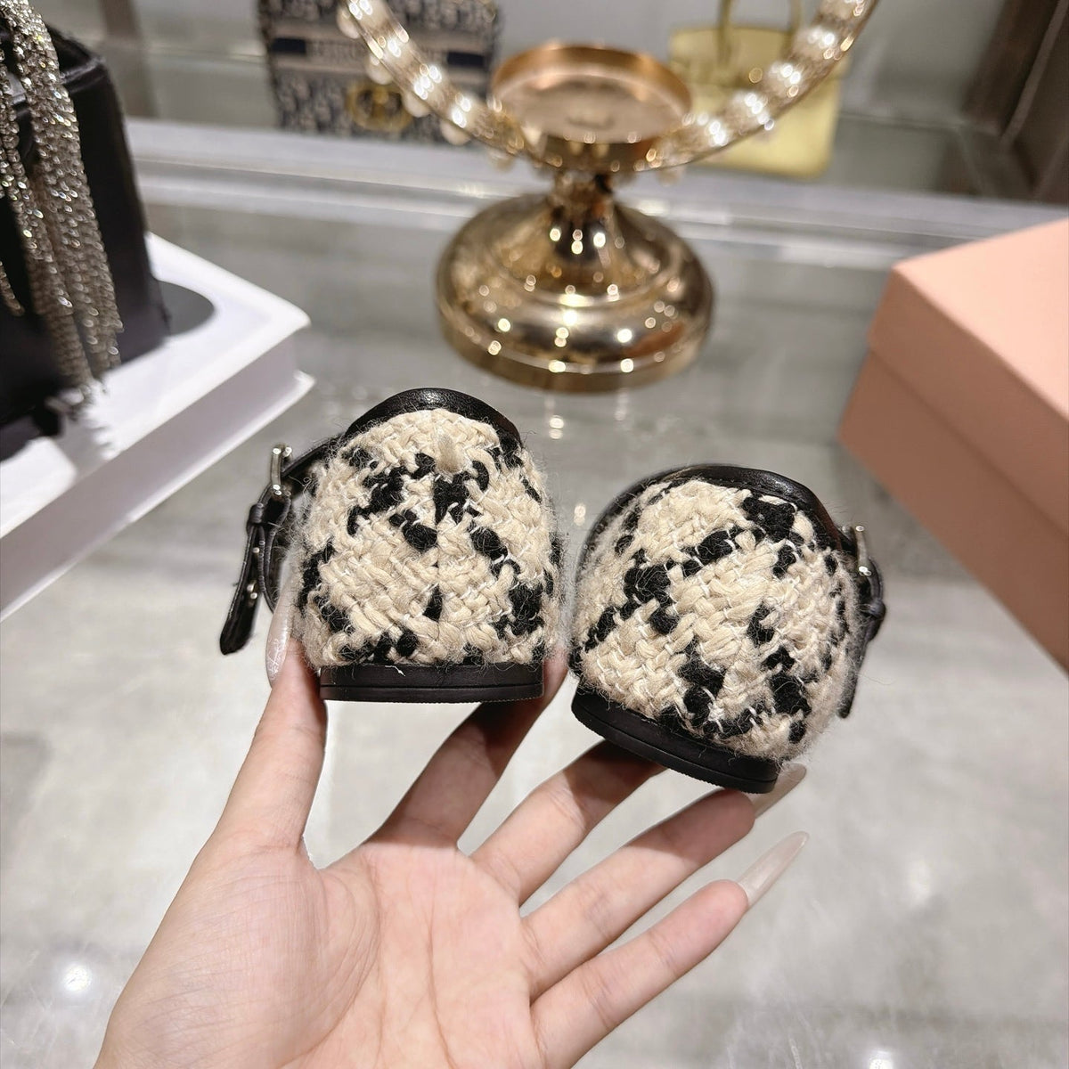 Miumiu 26S Mary Jane Flats Black And Beige Tweed Fabric