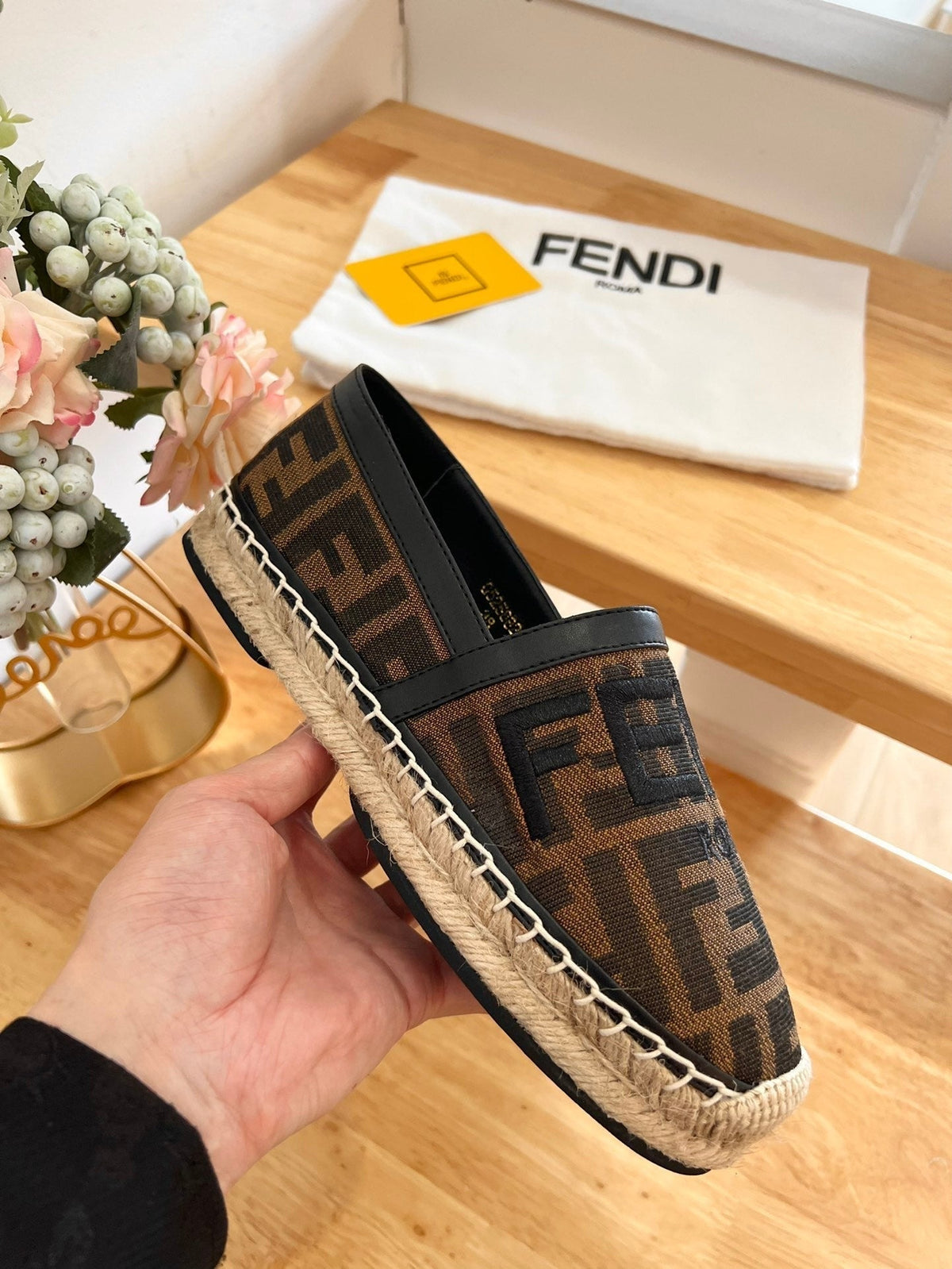 Fendi 26S Espadrille Loafers Dark Brown And Black Canvas Style 1