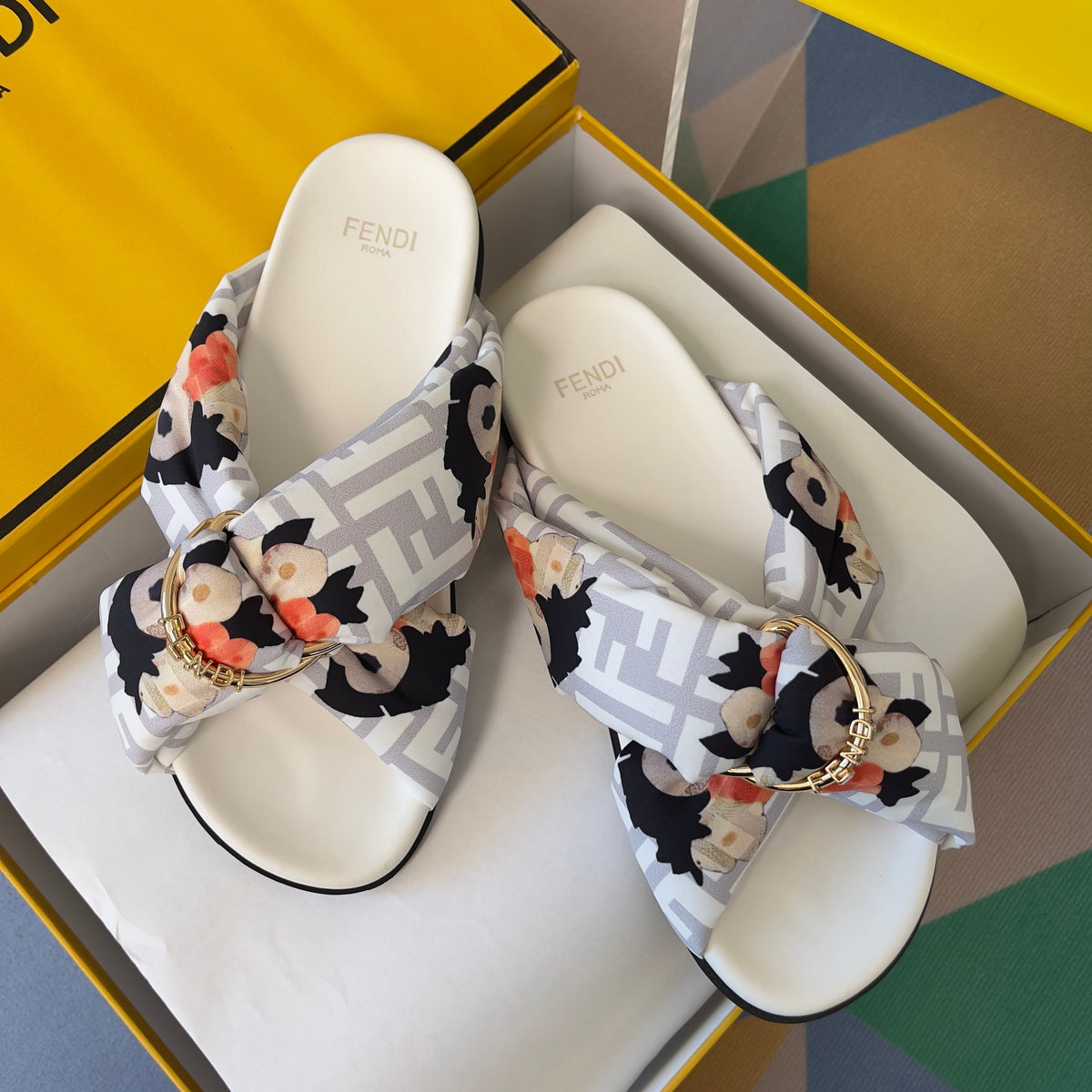 Fendi 26S Patterned Cross-Strap Slide Sandals Multicolor Fabric