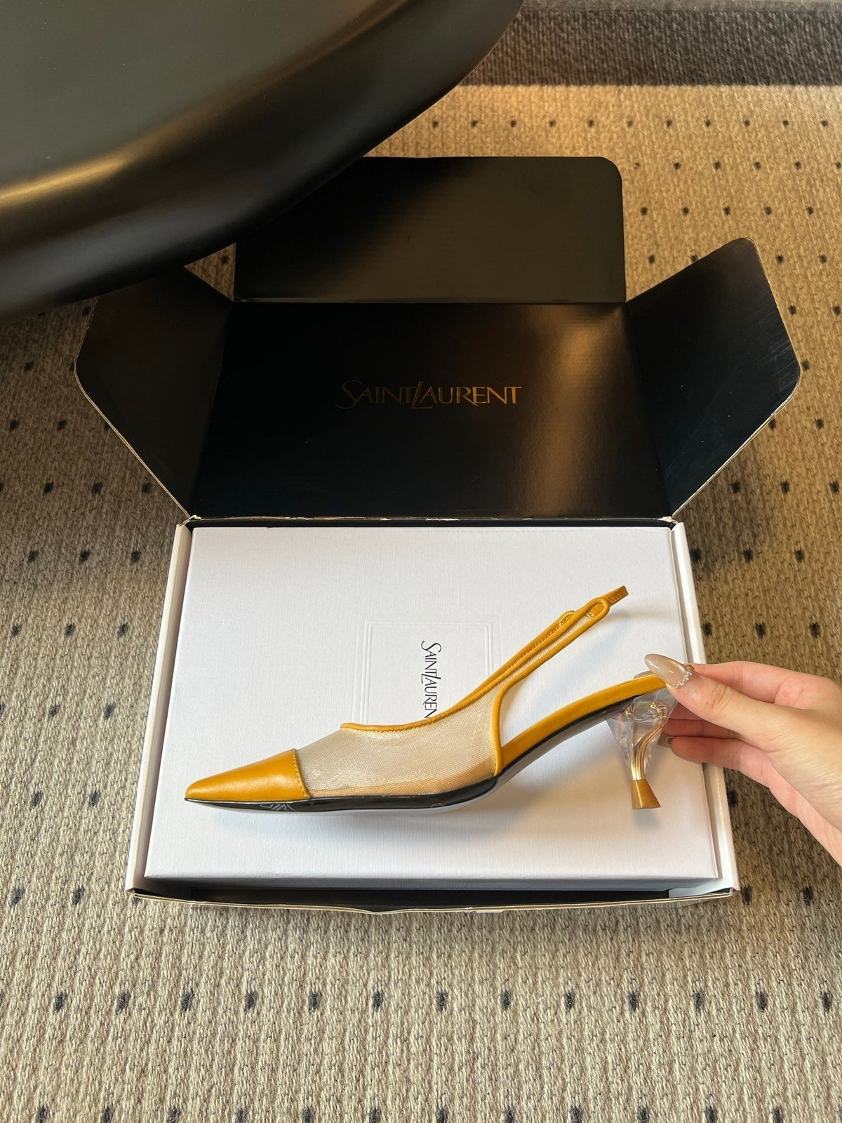 YSL 26S Heeled Slingbacks 6cm Mustard Yellow Lambskin And Beige Mesh
