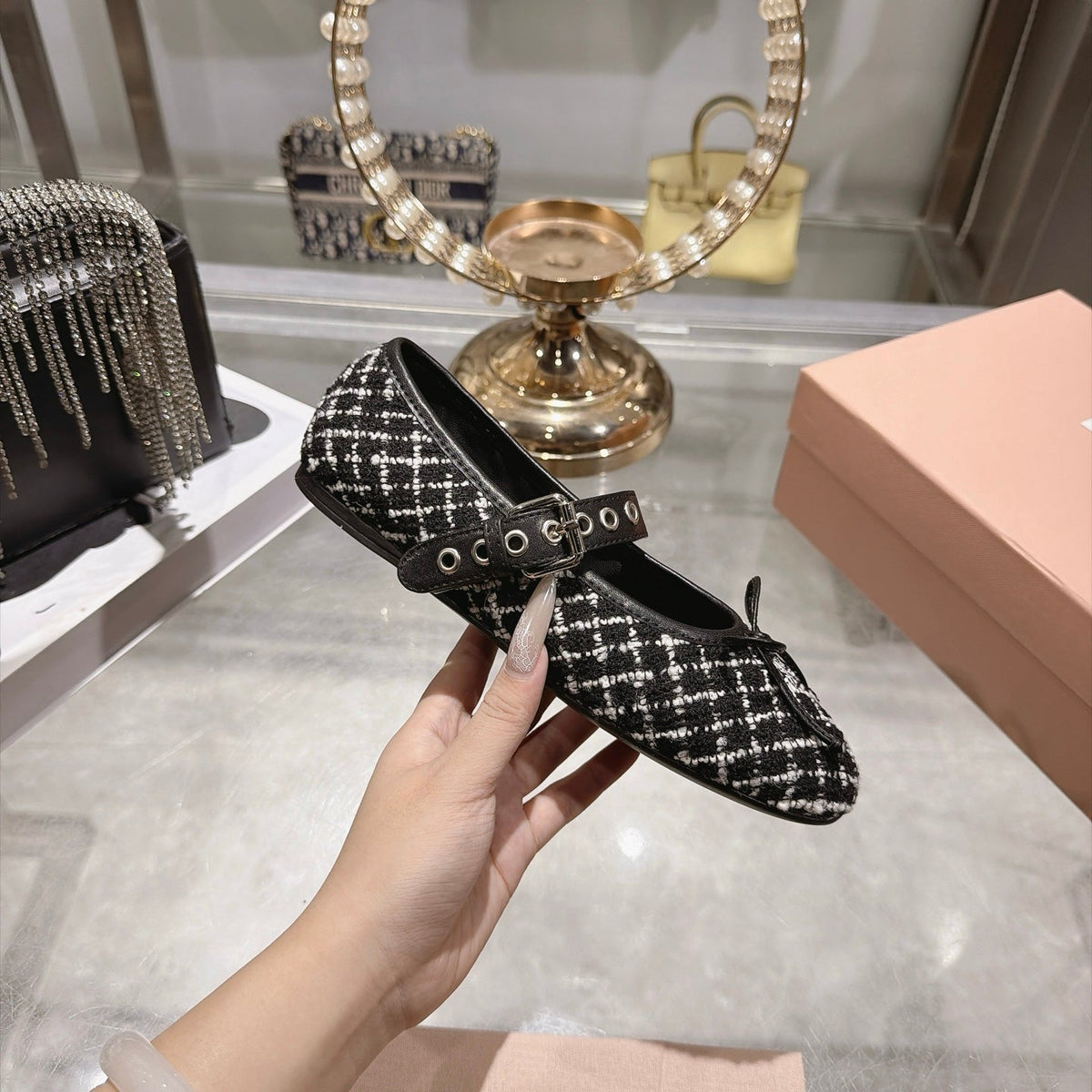 Miumiu 26S Mary Jane Flats Black And White Tweed Fabric