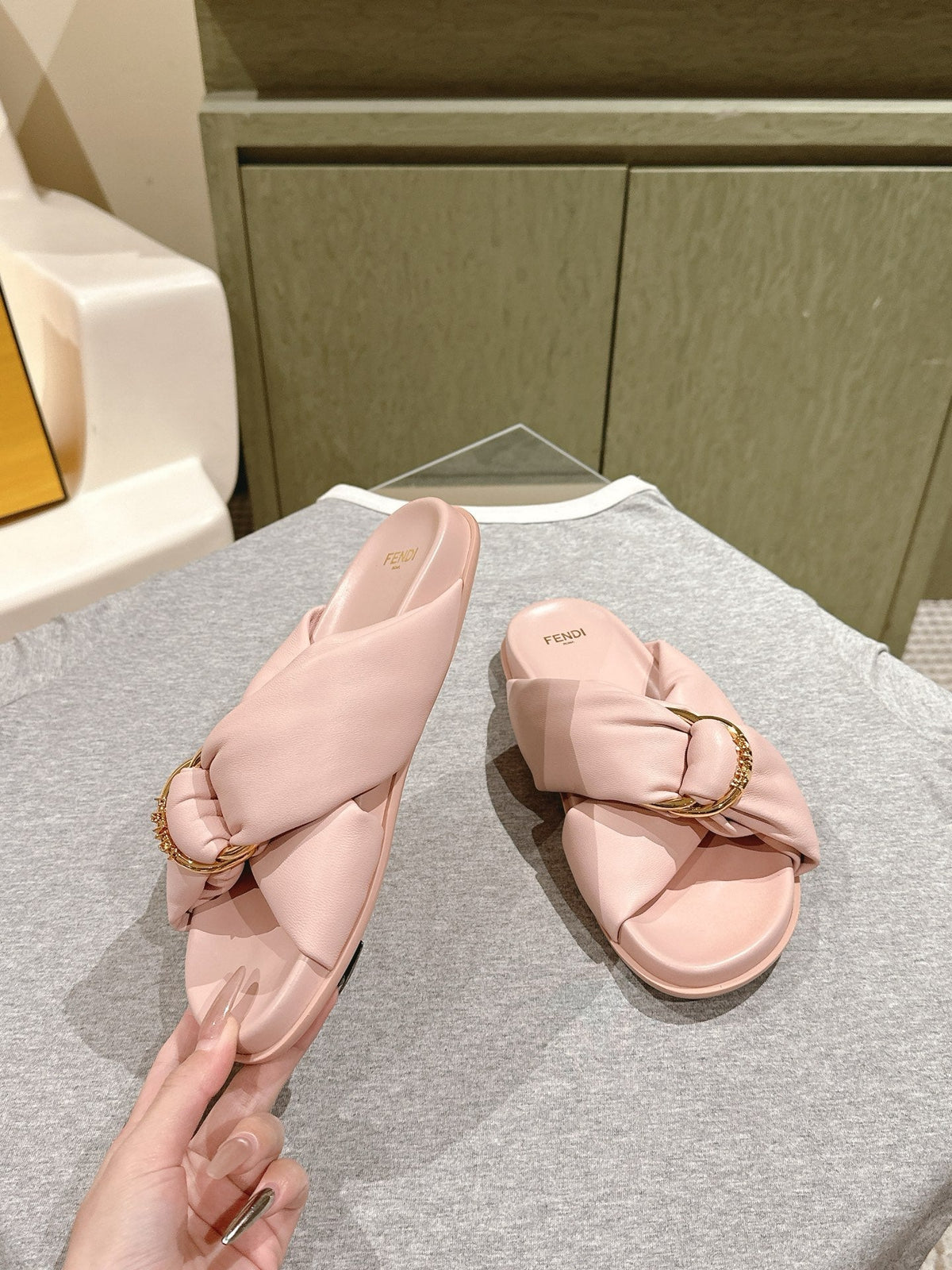 Fendi 26S Wide Cross-Strap Sandals Light Pink Lambskin