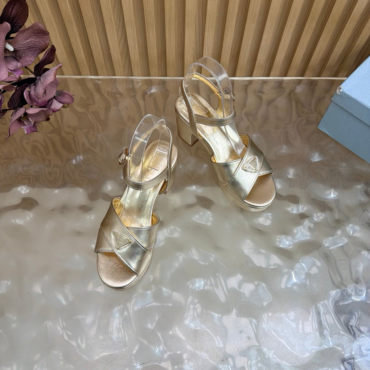 Prada 26S Block Heel Sandals 7.5cm Light Gold Calfskin