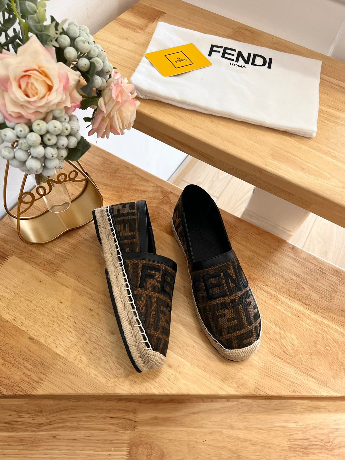 Fendi 26S Espadrille Loafers Dark Brown And Black Canvas Style 1