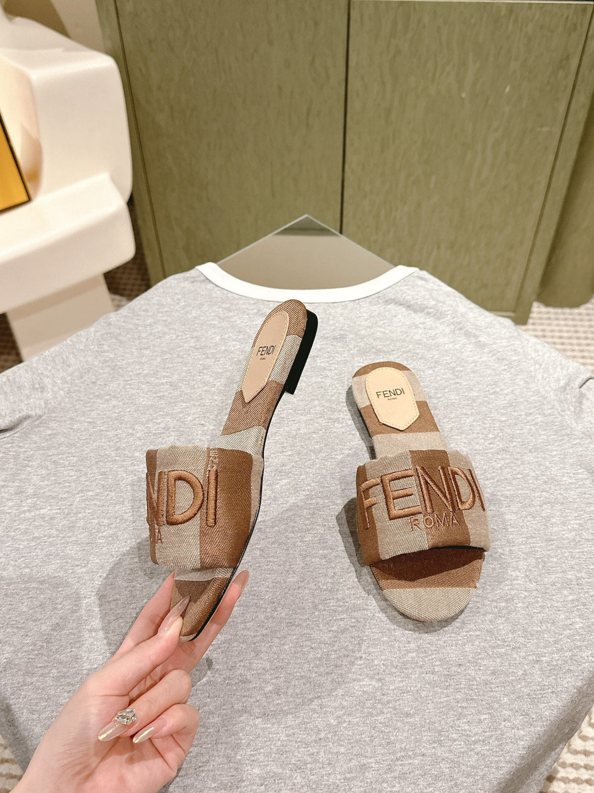 Fendi 26S Slide Sandals Beige And Brown Canvas