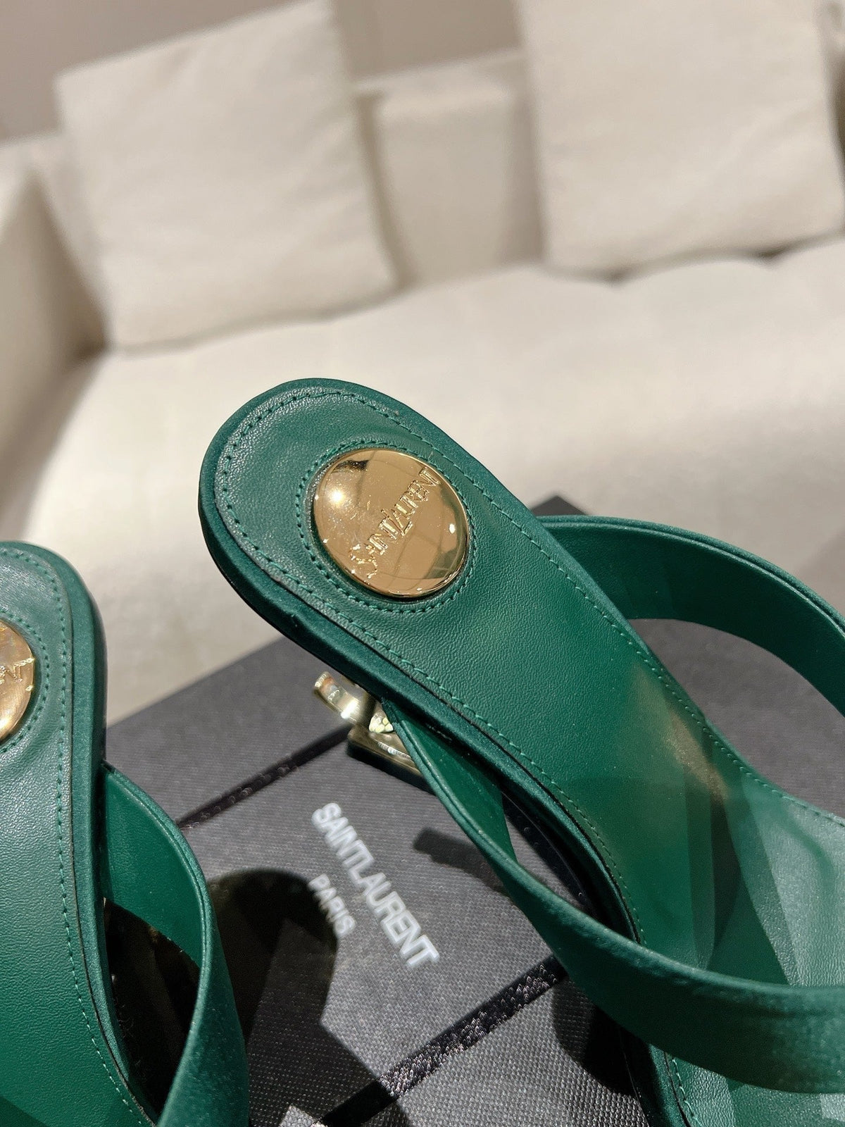 YSL 26S Heeled Thong Sandals 8.5cm Dark Green Satin