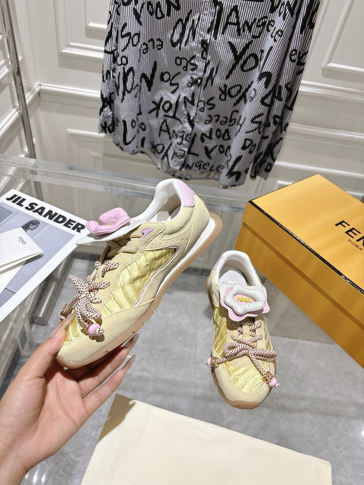 Fendi 26S Sneakers Light Yellow Fabric And Suede