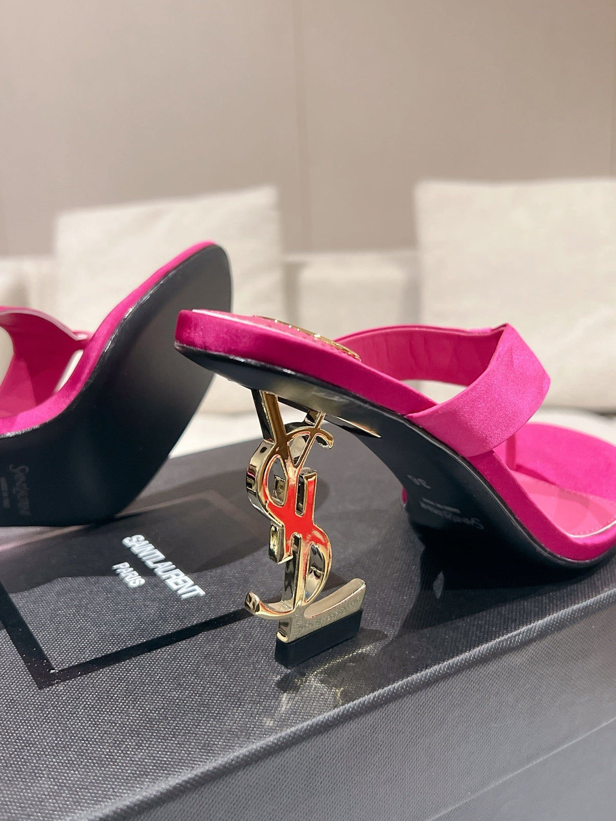 YSL 26S Heeled Thong Sandals 8.5cm Dark Pink Satin