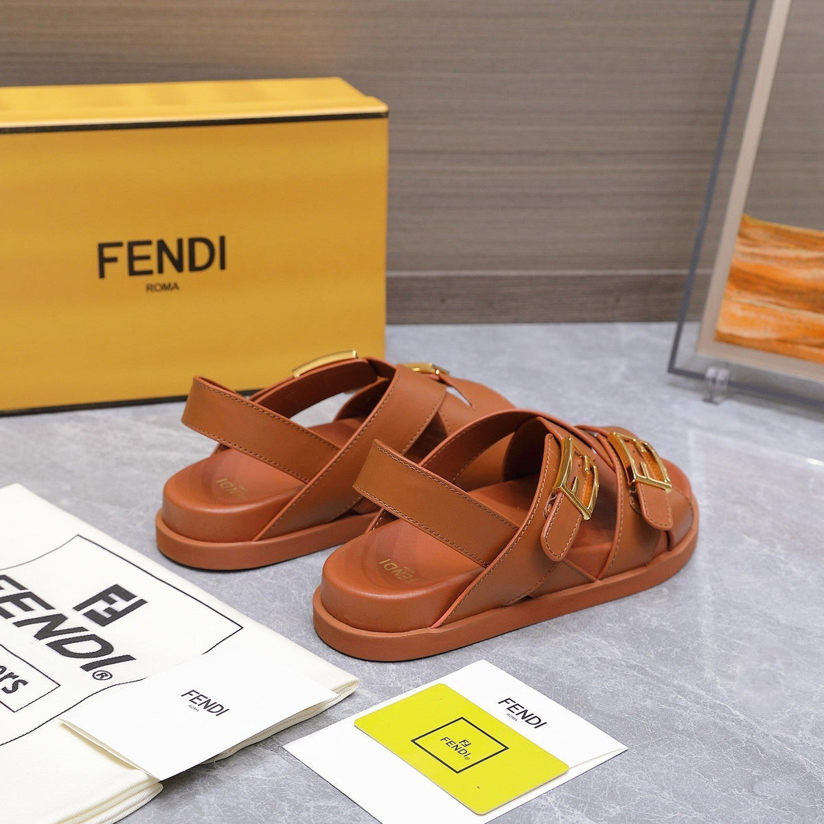 Fendi 26S Flat Sandals Brown Calfskin