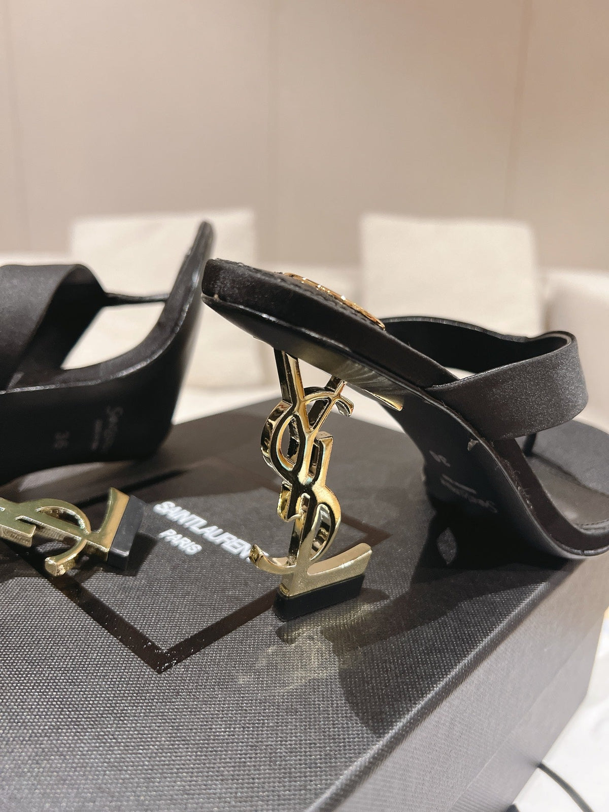YSL 26S Heeled Thong Sandals 8.5cm Black Satin