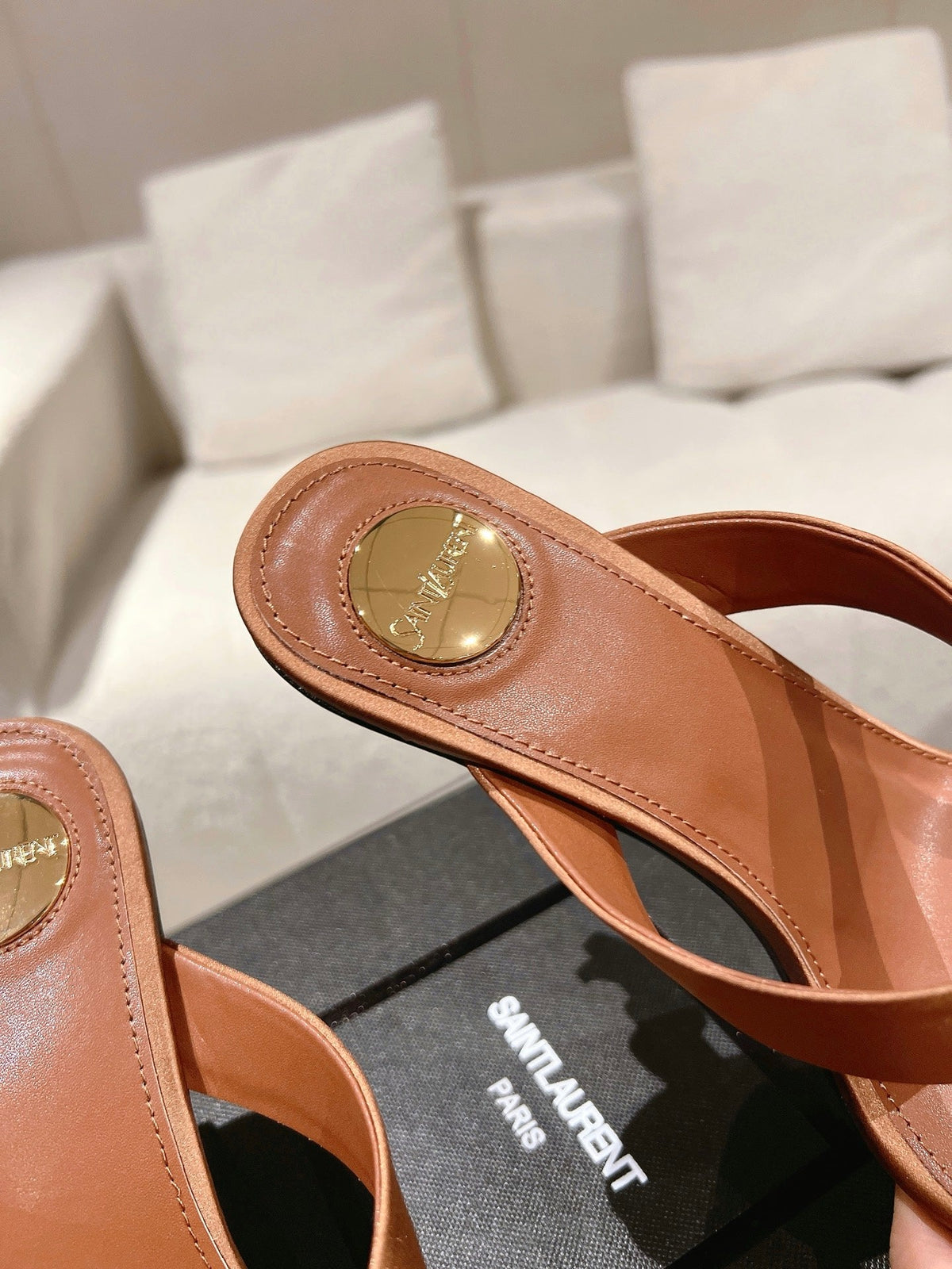 YSL 26S Heeled Thong Sandals 8.5cm Tan Brown Satin