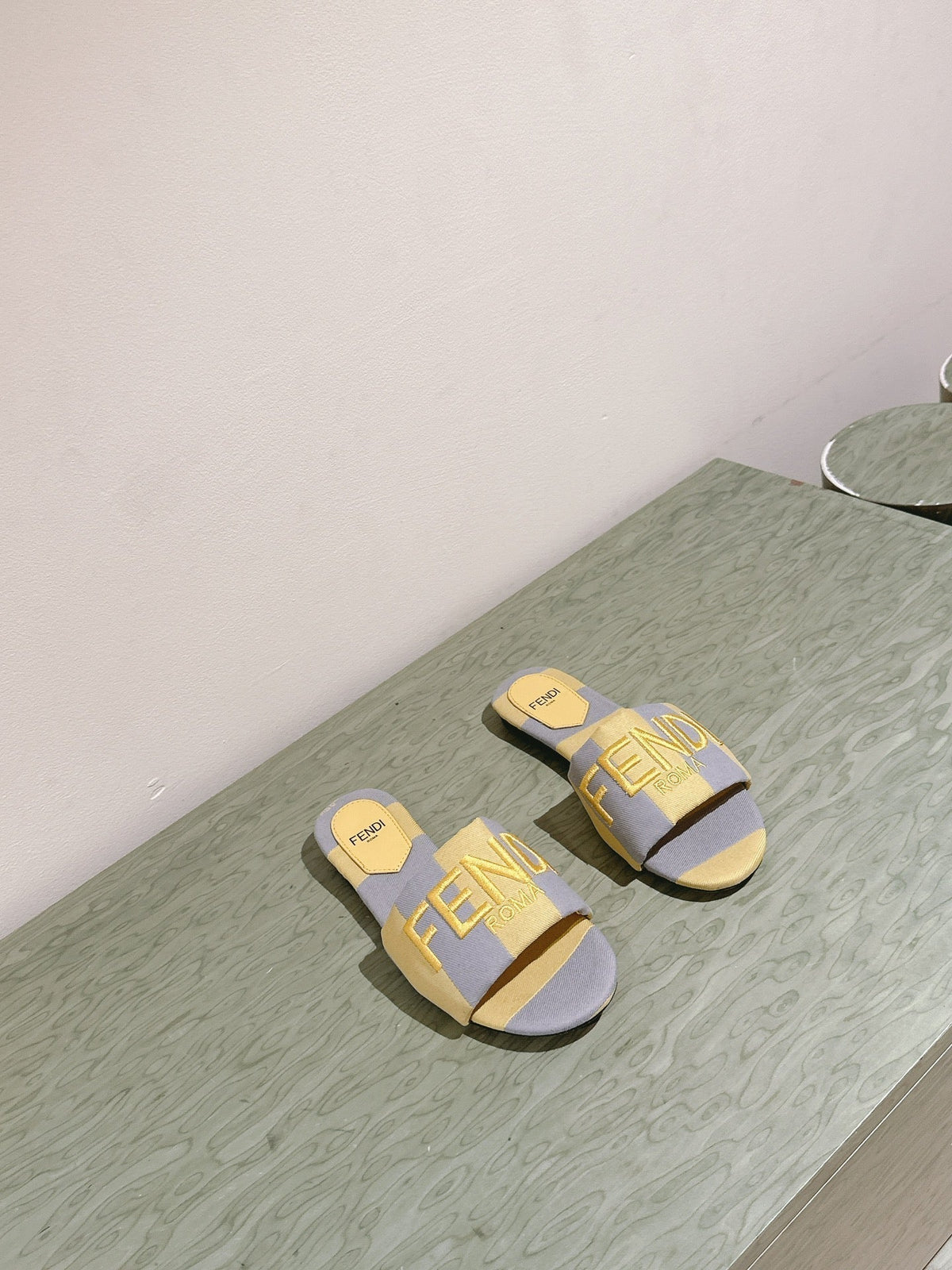 Fendi 26S Slide Sandals Yellow And Grey Canvas