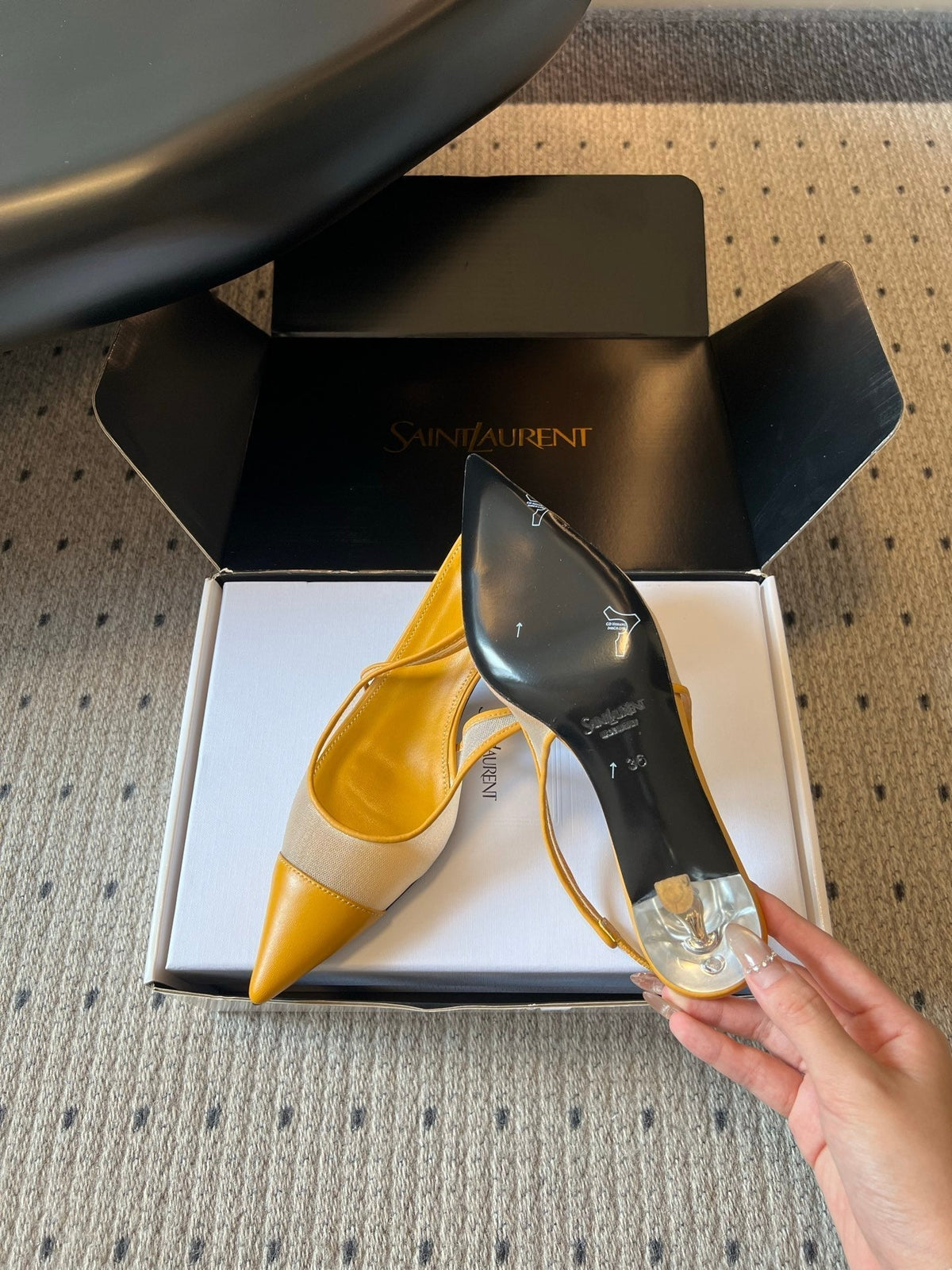 YSL 26S Heeled Slingbacks 6cm Mustard Yellow Lambskin And Beige Mesh