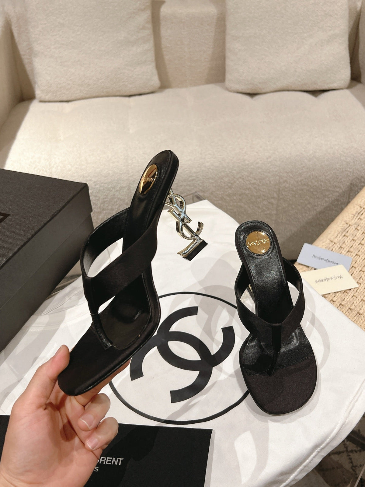 YSL 26S Heeled Thong Sandals 8.5cm Black Satin