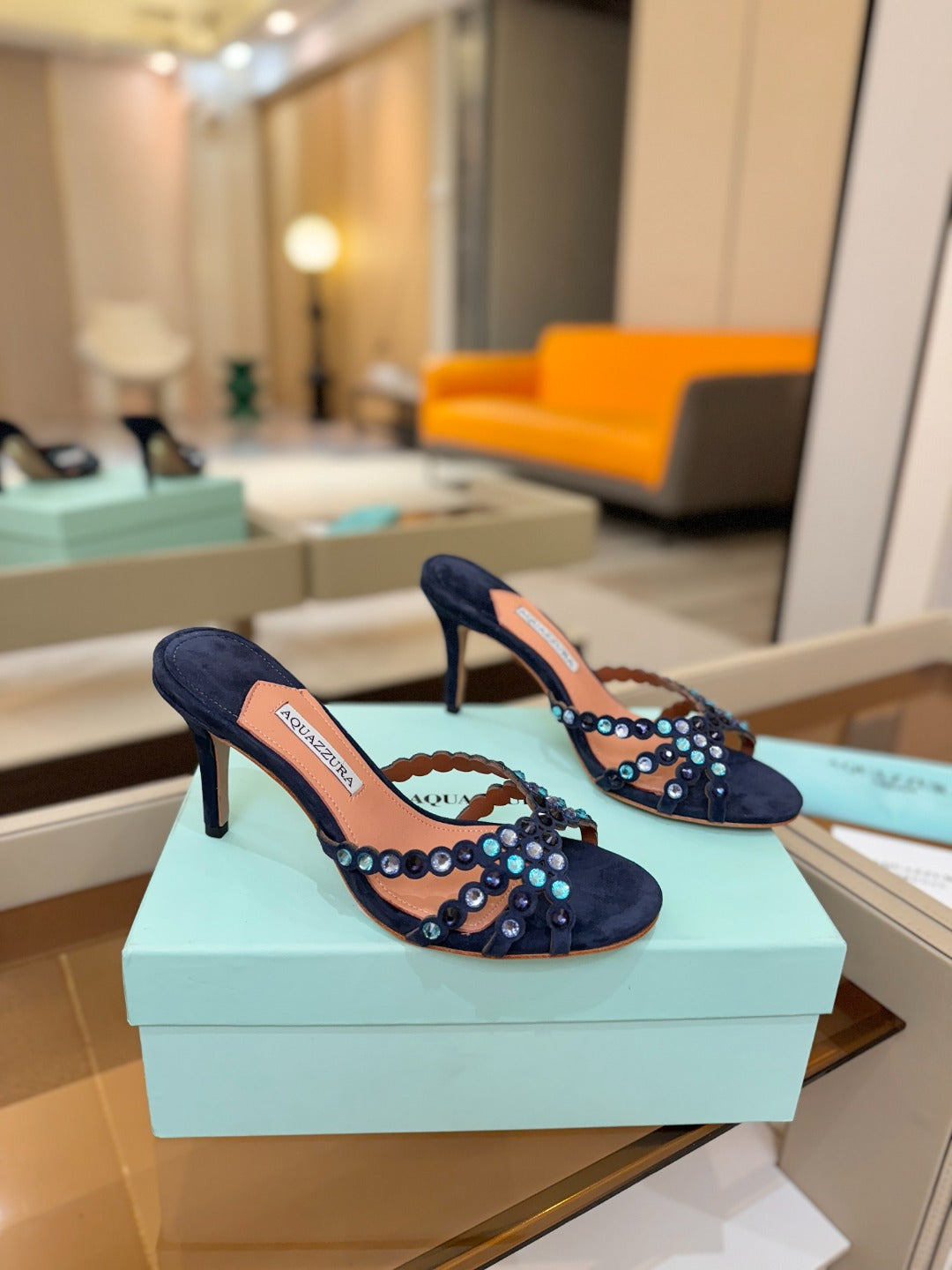 Aquazzura 26S Tequila Heeled Sandals 8.5cm Navy Blue Suede