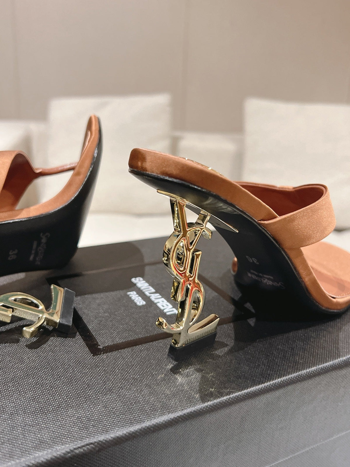 YSL 26S Heeled Thong Sandals 8.5cm Tan Brown Satin